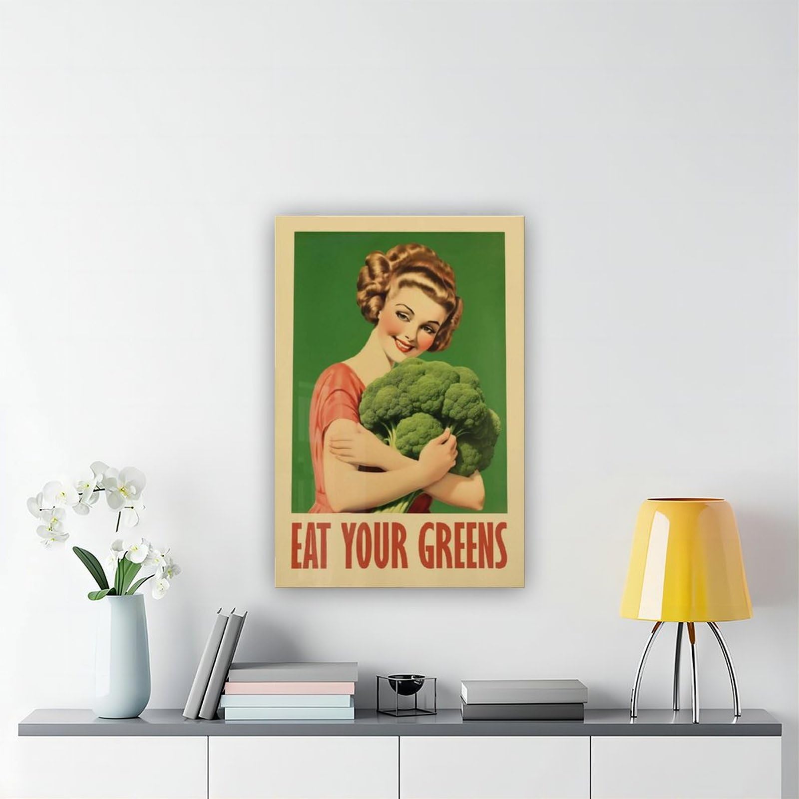 OAHFDF Leinwandposter "Eat Your Greens", Brokkoli, Vintage-Stil, Wandkunst, Dekordruck, Bild Gemälde für Wohnzimmer, Schlafzimmer, Dekoration, 50 x 75 cm