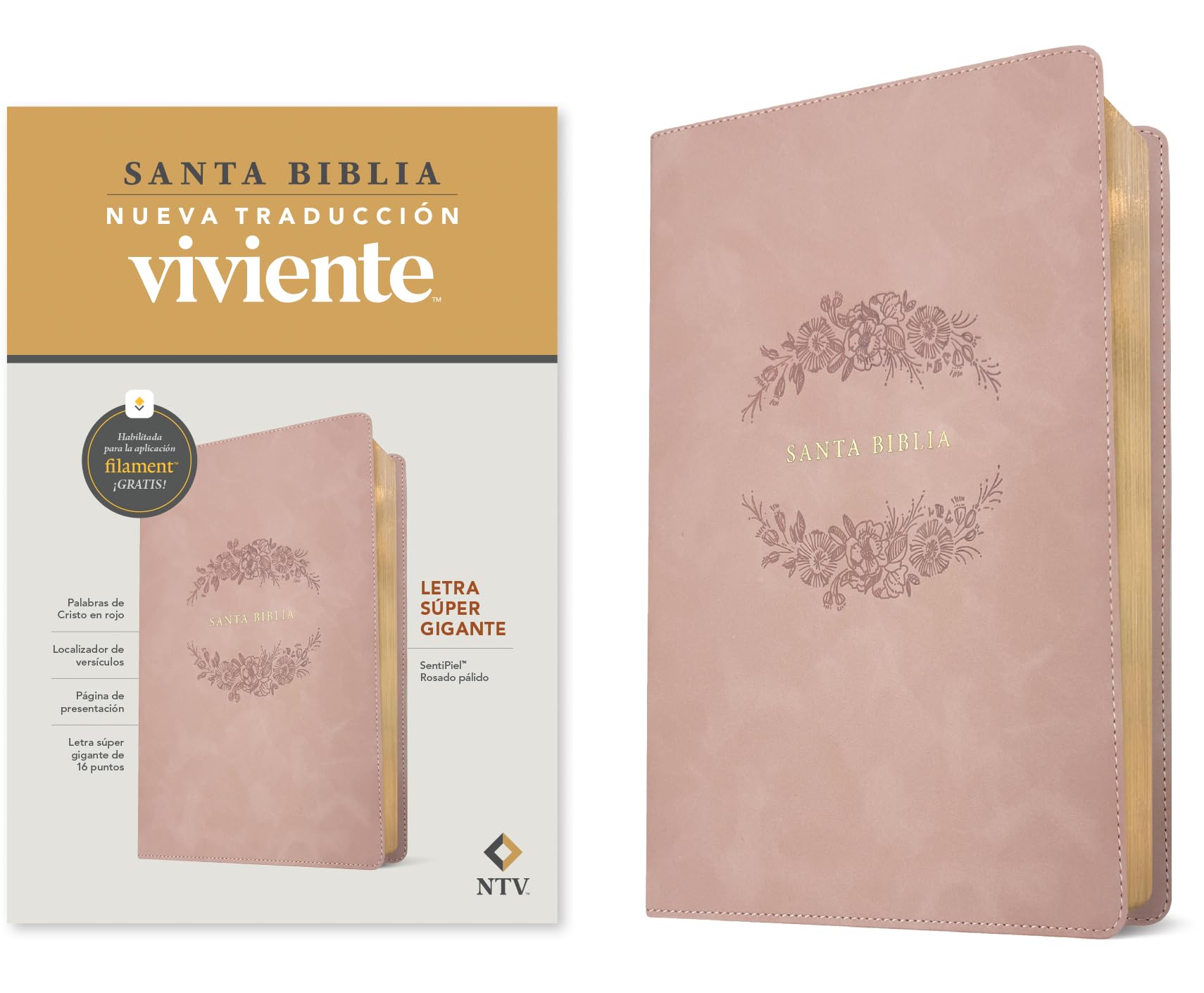 Biblia letra súper gigante NTV, con Filament (SentiPiel, Rosado pálido, Letra Roja)