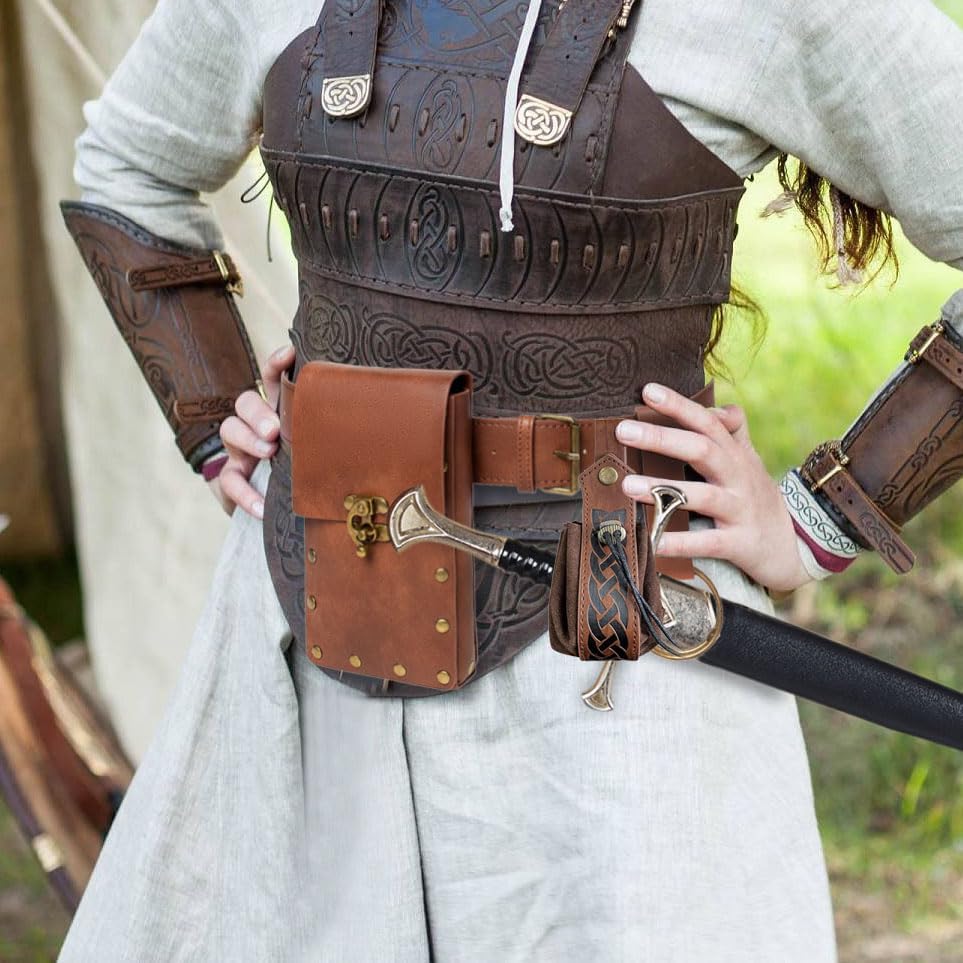 Belt Pouch Waist Bag Fanny Pack Steampunk Phone Holder Medieval Bag Leather Belt Renaissance Cosplay Costume Accessories (2Pouch-Brown) - Image 8