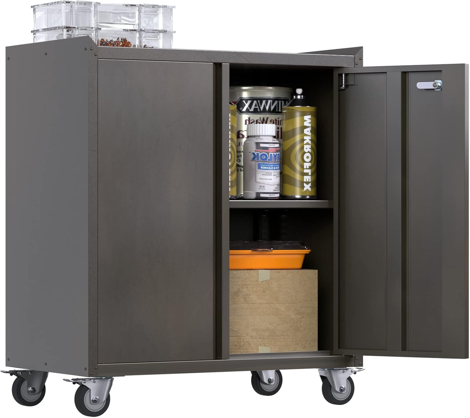 SUPEER Metal Storage Cabinet with Wheels, Rolling Storage Cabinet with 2 Doors and Adjustable Shelves, Pegboard and 4 Hooks, Suitable for Garage, Home, Office, School, Black