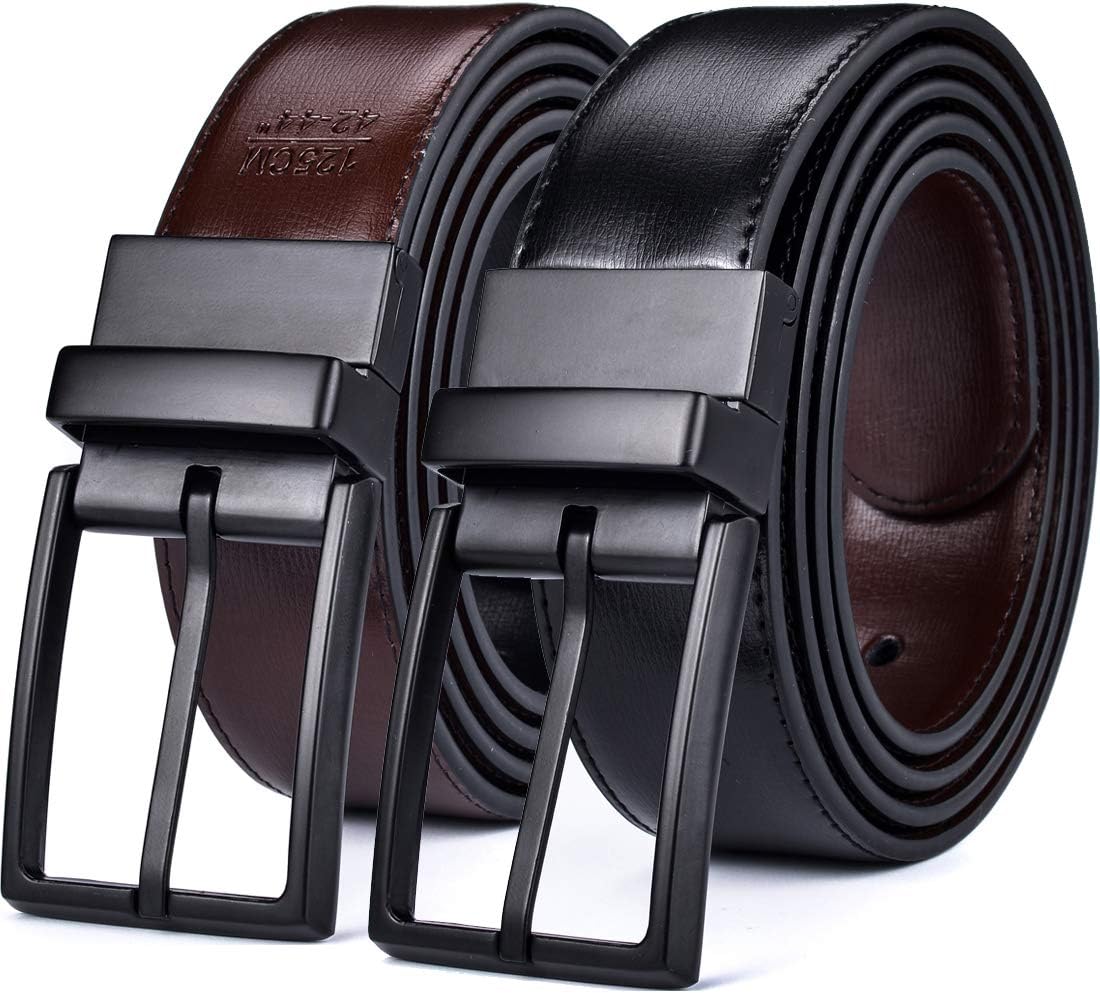 Men's Dress Belt Leather Reversible 1.25" Wide Rotated Buckle Gift Box
