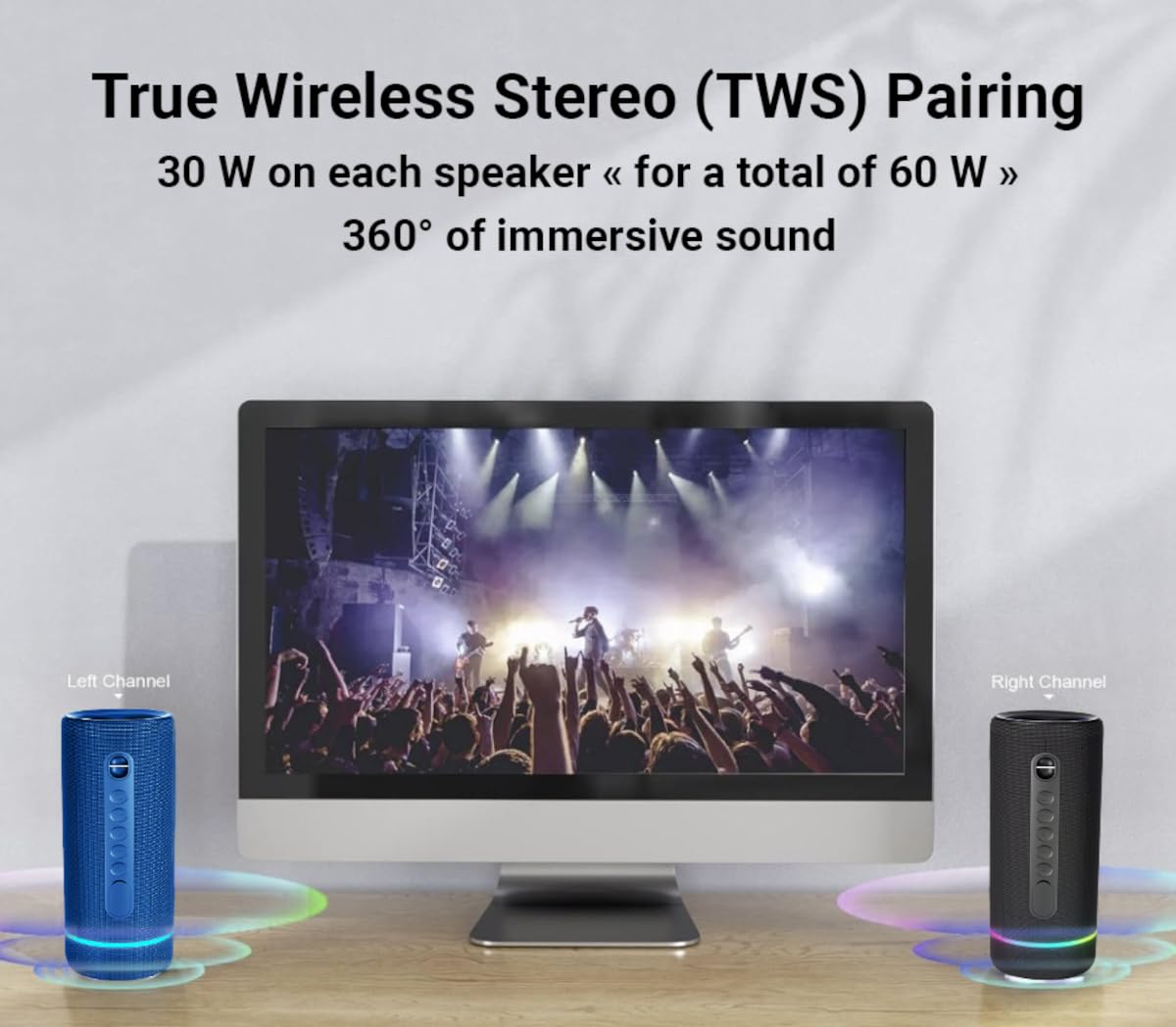 Decibelvibe Tnz Sleek 8 przenośny głośnik Bluetooth, wodoodporny głośnik IP66 o mocy 30 W, głęboki bas, Bluetooth 5.3, czas odtwarzania 25 godzin, parowanie TWS, światła RGB, do domu, na zewnątrz,