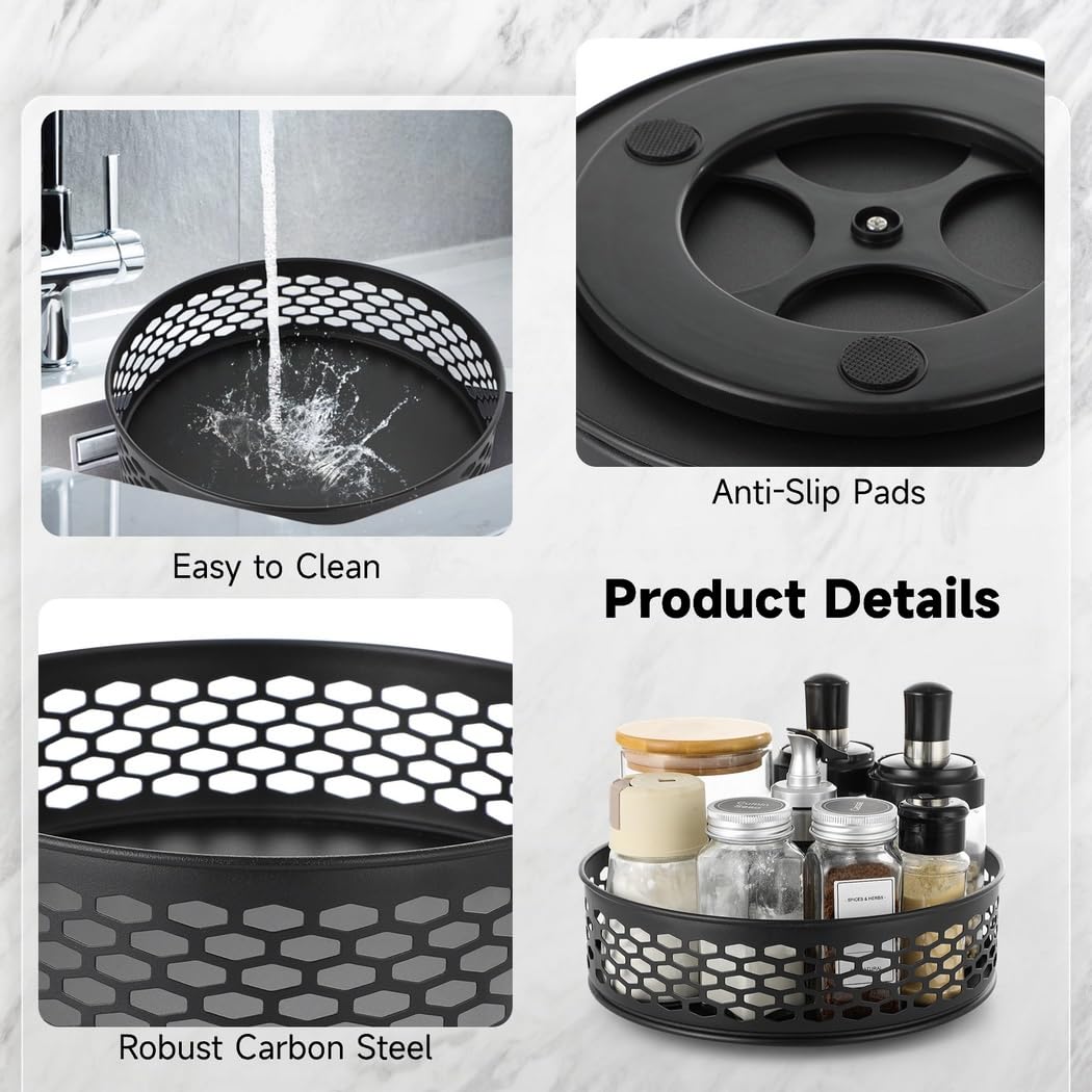 Lazy Susan Lot de 2 étagères à épices en acier avec plateau rotatif pour cuisine, garde-manger, armoire, salle de bain, base antidérapante, 26 cm et 22 cm, noir