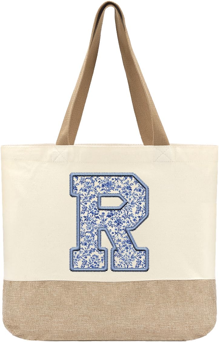 Initial Canvas Tote Bag, Womens Personalized Monogram R Tote Bags, Suitable for Wedding Engagement Parties Honeymoon Birthday Beach Holiday, Gift for Women Grandma Mom Teacher Friends Bridesmaids