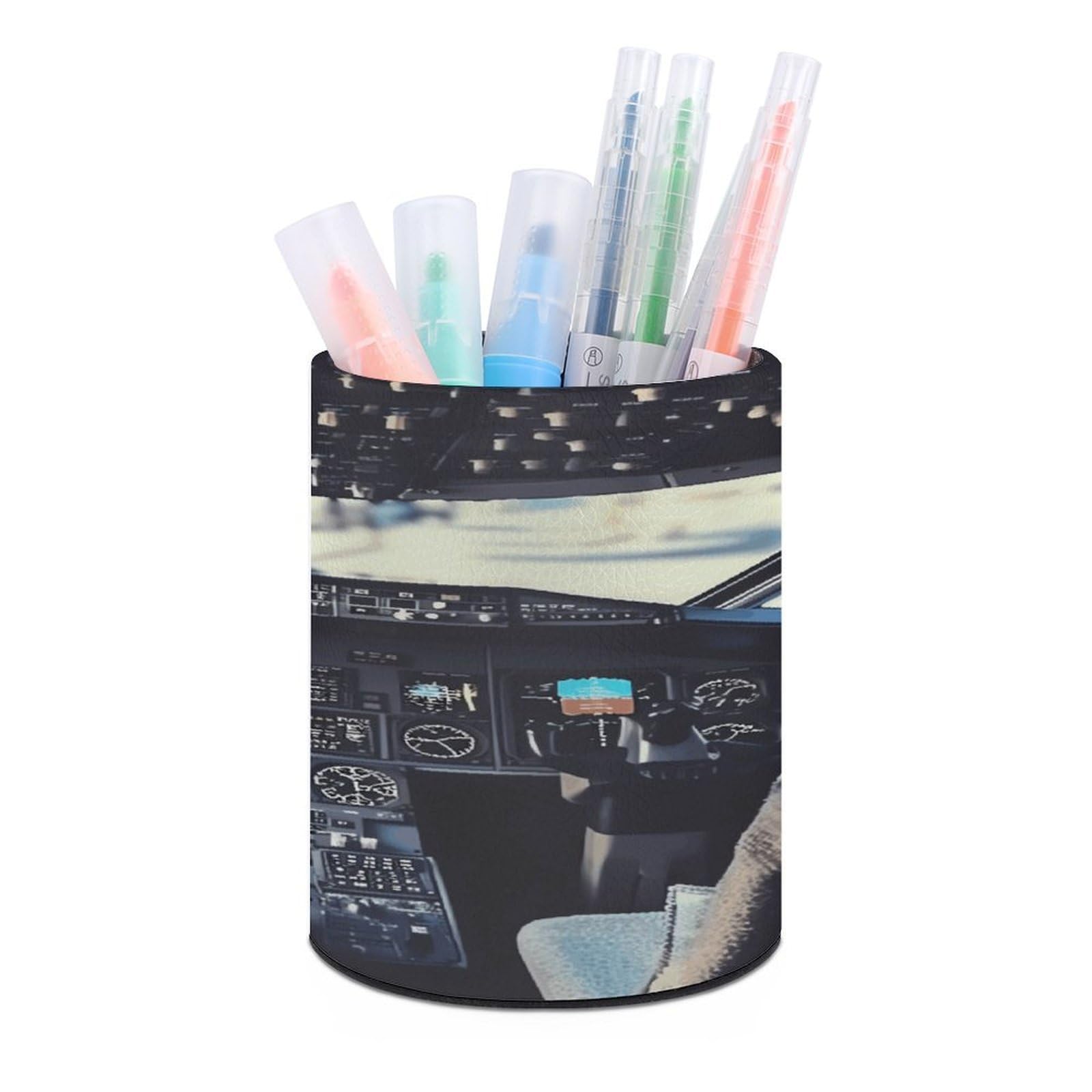 FekiLoot Airplane Cockpit Pen Holder Cup Fashion PU Leather Pencil Cup Minimalist Pen Organizer Round Pencil Holder Stand Work Locker Accessories for Decoration Desk Office Home