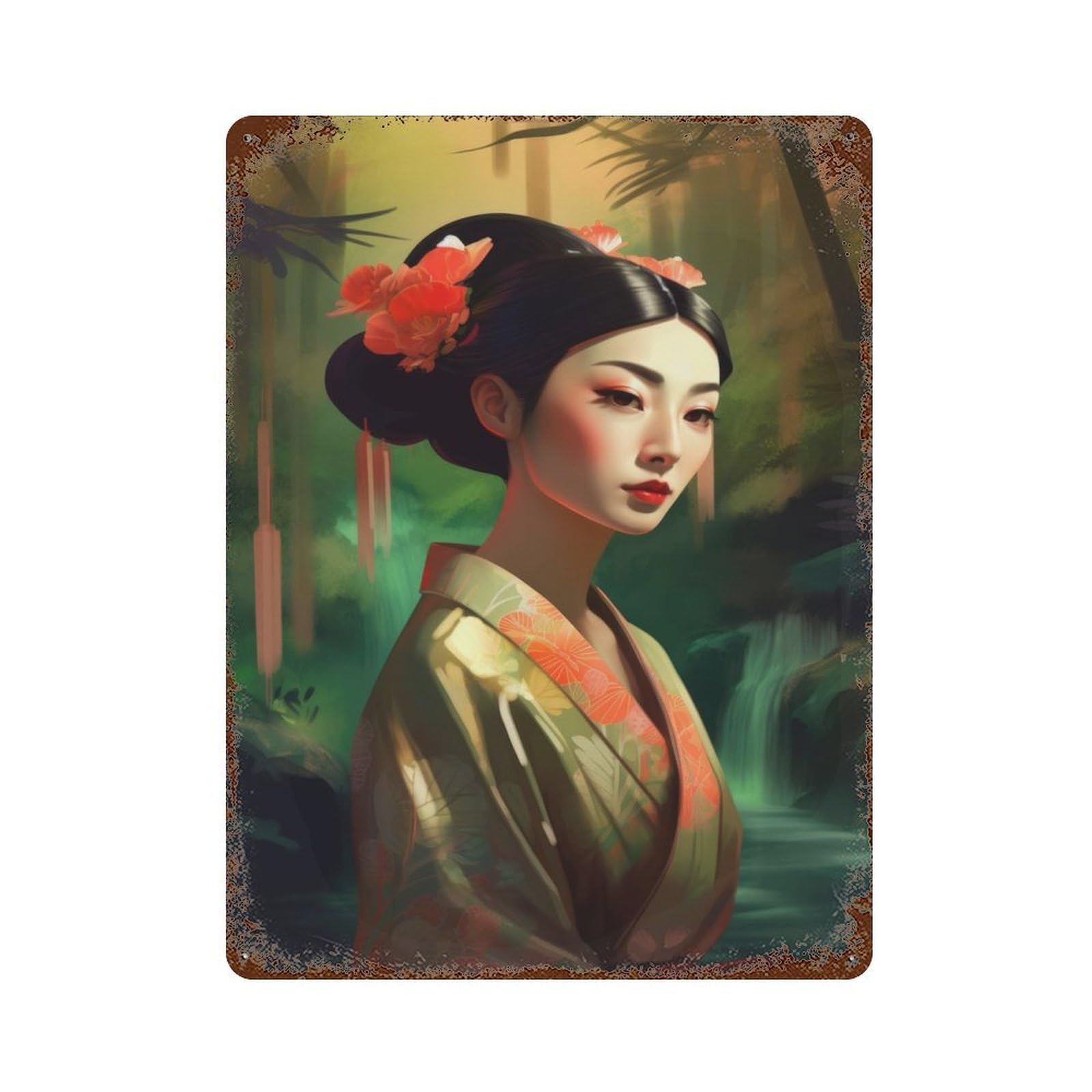 Distressed Metal Wall Sign with The Geishas Charm Design 15.7"x11.8", for Farmhouse, Kitchen And Entryway Decor, Old School Wall Decor