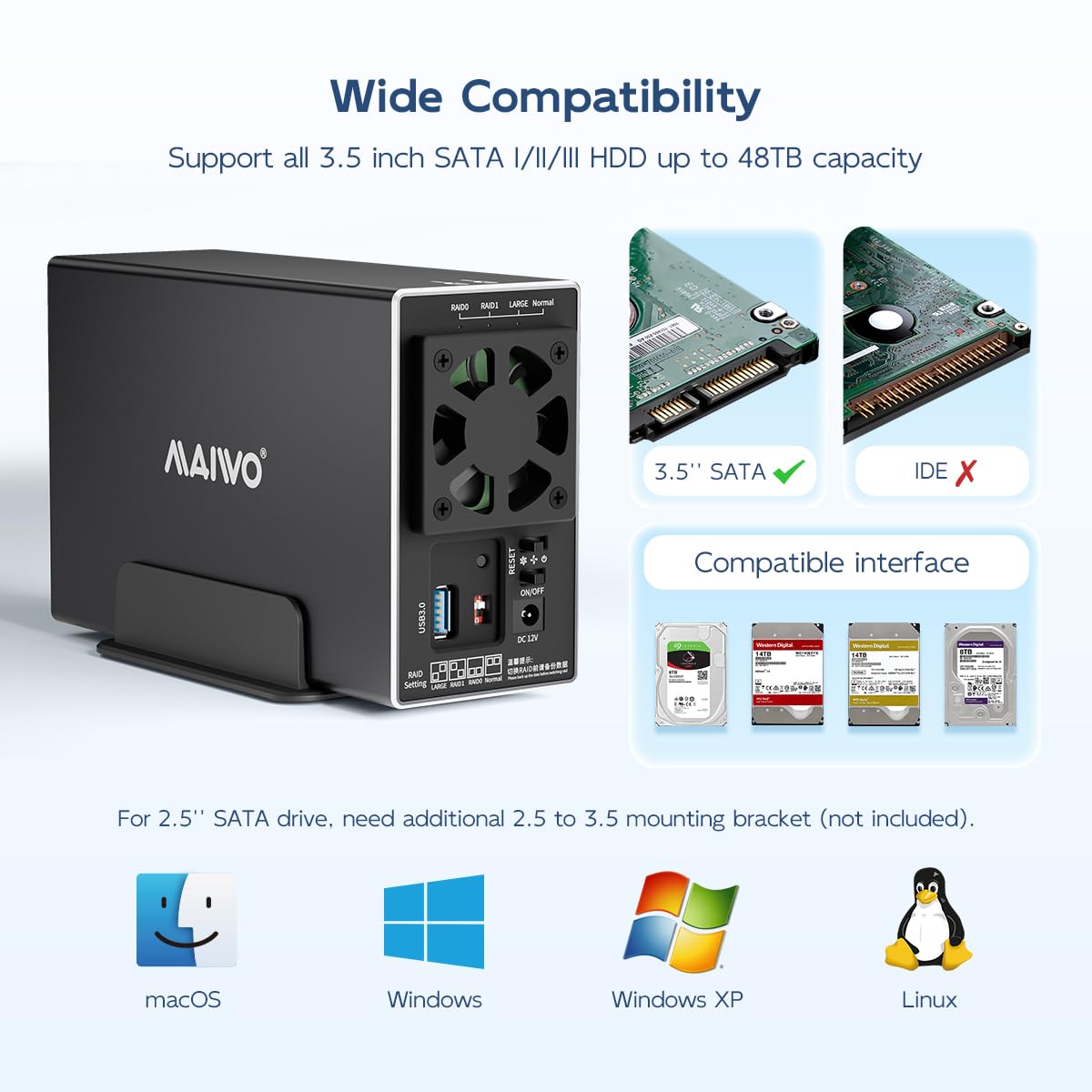 MAIWO Enclosure RAID per disco rigido a doppia baia con ventola di raffreddamento per SSD SATA da 2,5/3,5", alloggiamento HDD USB 3.0 da 5 Gbps, capacità 48 TB, RAID 0/1/JBOD/PM, custodia in alluminio
