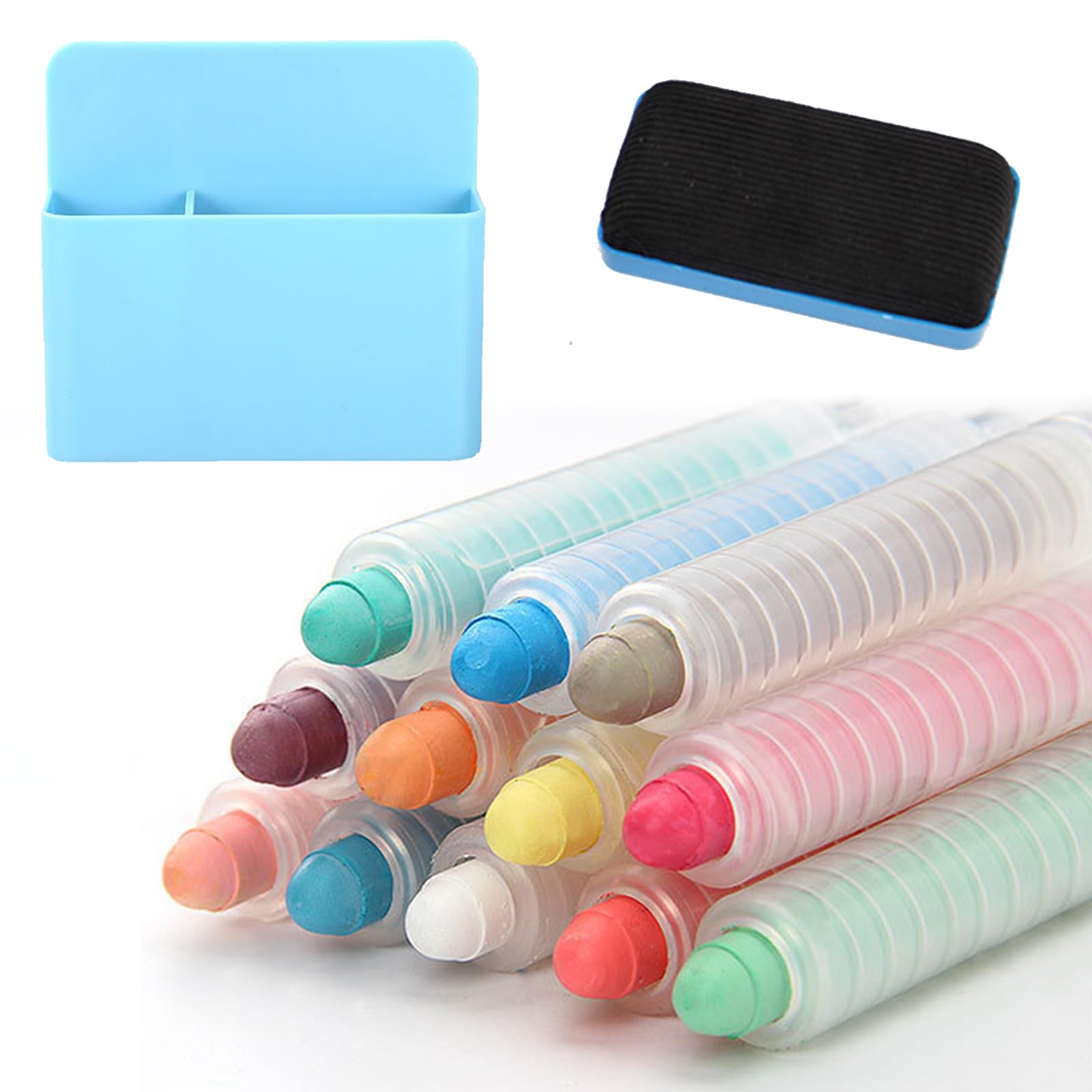 iNelihoo 12pcs Colored Dustless Chalk Set with Holder Twistable Chalks with Magnetic Chalkboard Eraser, Storage Box Washable Chalkboard Chalks Non-Toxic Sidewalk Chalk for Blackboard Drawing Writing