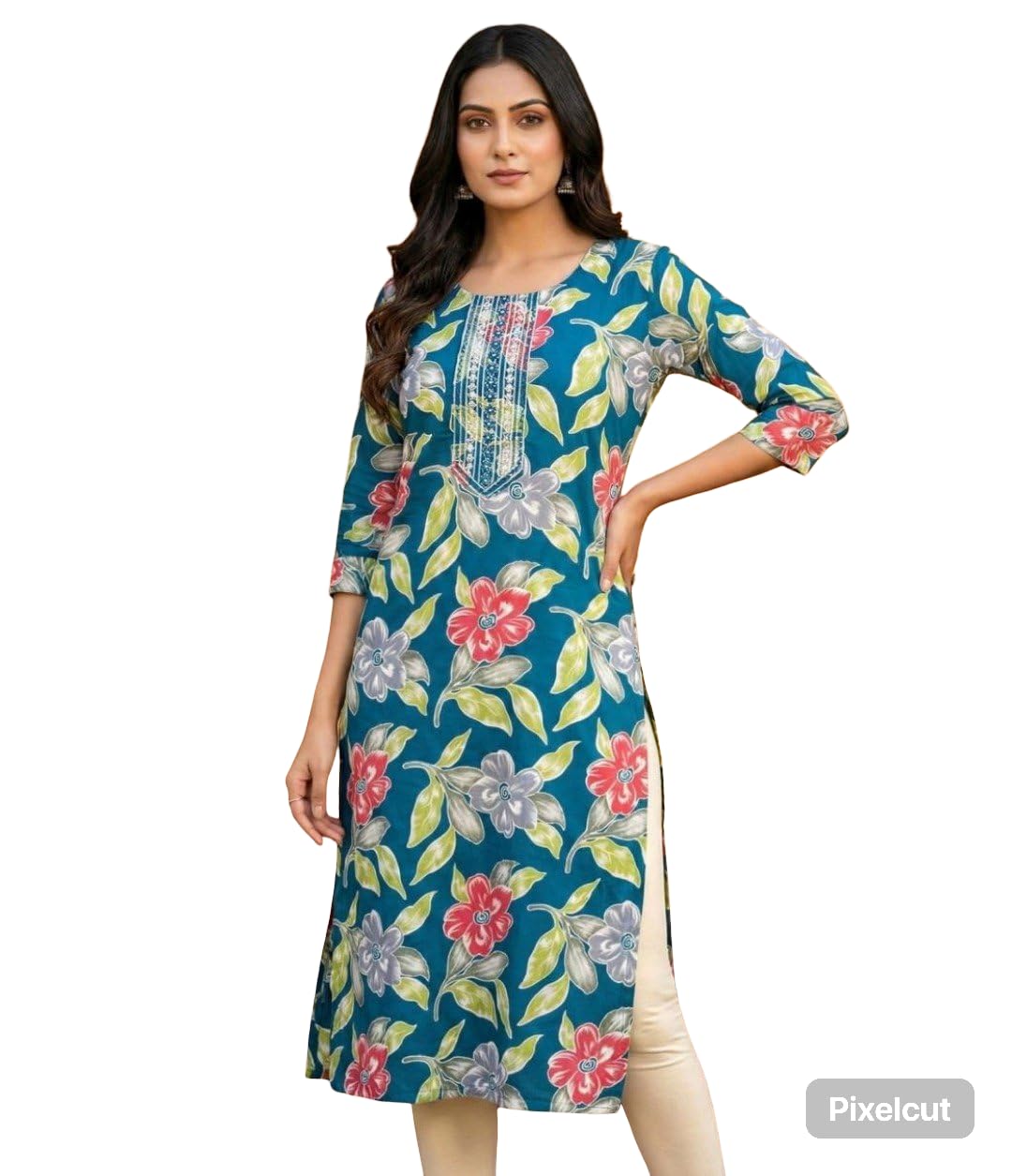 Women Floral Printed Straight Kurti | 3/4 Sleeve Casual Ethnic Kurta for Women Office Wear Kurti Teal Blue