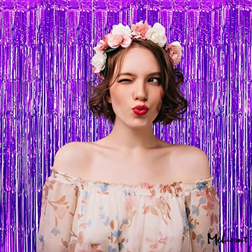 Image of 4 Pack Purple Fringe Curtain Backdrop, 3.2Ft x 6.6Ft Metallic Tinsel Foil Fringe Streamers Curtains Background for Photo Booth Birthday Wedding Baby Shower Party Thanksgiving Christmas Decorations