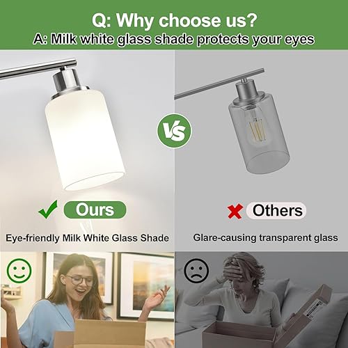 Miniatura 4 de Lámpara de baño de 3 luces, lámpara de tocador de níquel cepillado, luces de pared de granja con pantallas de vidrio esmerilado blanco lechoso,