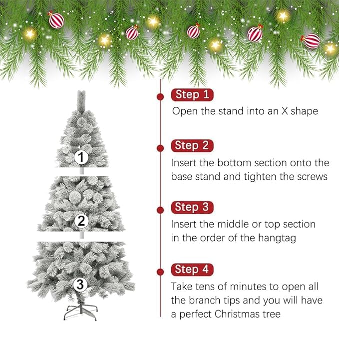 Image of Fizzytech 6 Feet Premium PVC Pine Needle Snow-Flocked Artificial Christmas Tree with 210 Branch Tips - Easy Assembly, Sturdy Metal Stand - Elegant Christmas Decoration for Home & Decor
