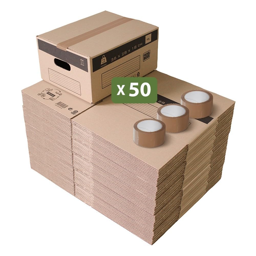 Pack and Move - Lote de 50 cajas de almacenaje para mudanza, 36 x 28 x 18 cm, asas reforzadas, 3 adhesivos
