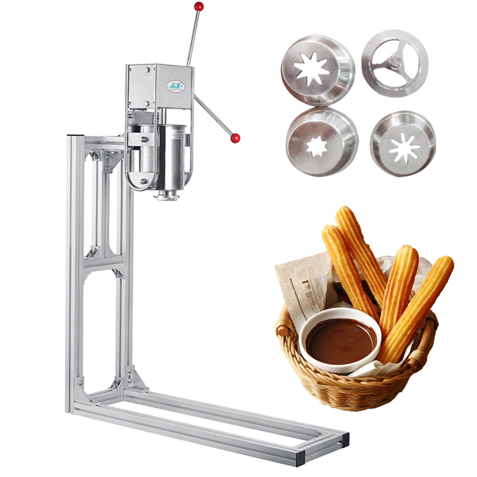 Churro Maker - ręczna hiszpańska maszyna do churrera, łatwa do czyszczenia stal nierdzewna, zawiera 4 dysze i beczkę do robienia pysznych churros i pączków