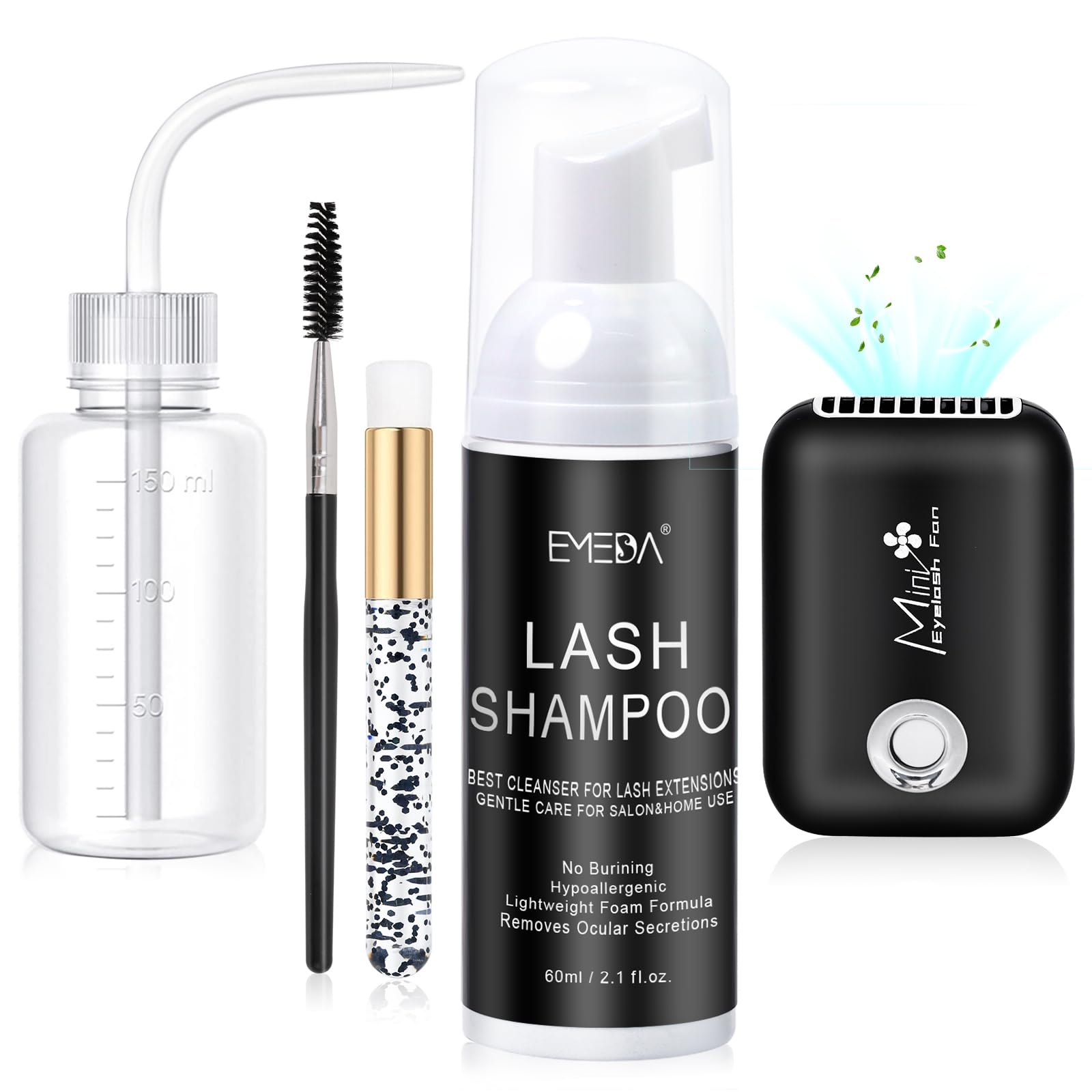 Lash Shampoo Kit Cleaning Bath - Eyeash Cleanser for Extensions, USB Mini Portable Fan Brush Wash Bottle, Oil Free Lash Foam Safe for Natural Eyelash Shampoo for Extensions