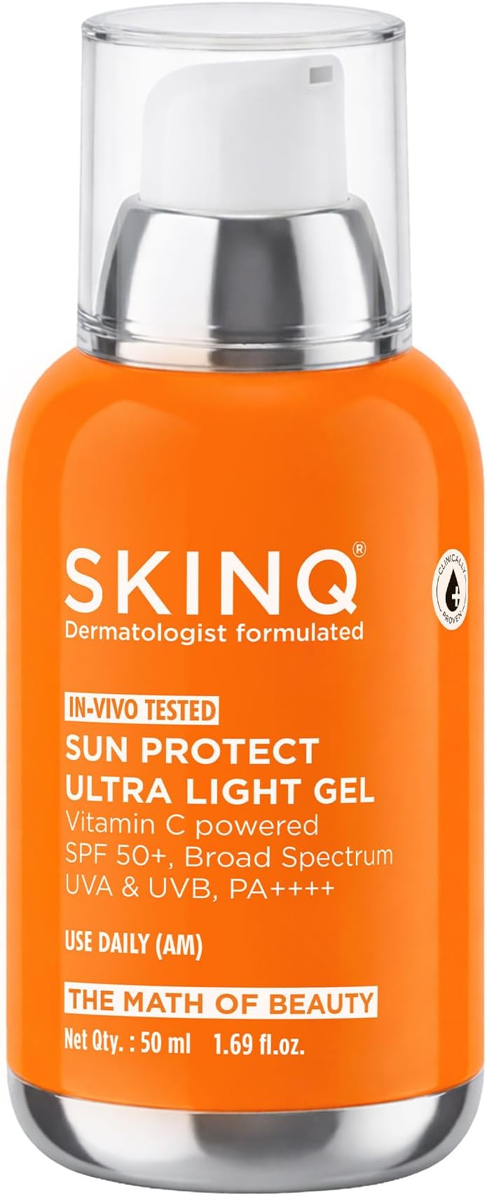 SKINQ Sun Protect Gel Sunscreen SPF 50+ PA++++ with Vitamin C | Zero White Cast | UVB Protection | Lightweight, Non-Greasy | For Normal, Dry & Sensitive Skin | In-Vivo Tested | Dermat Formulated | 50ml