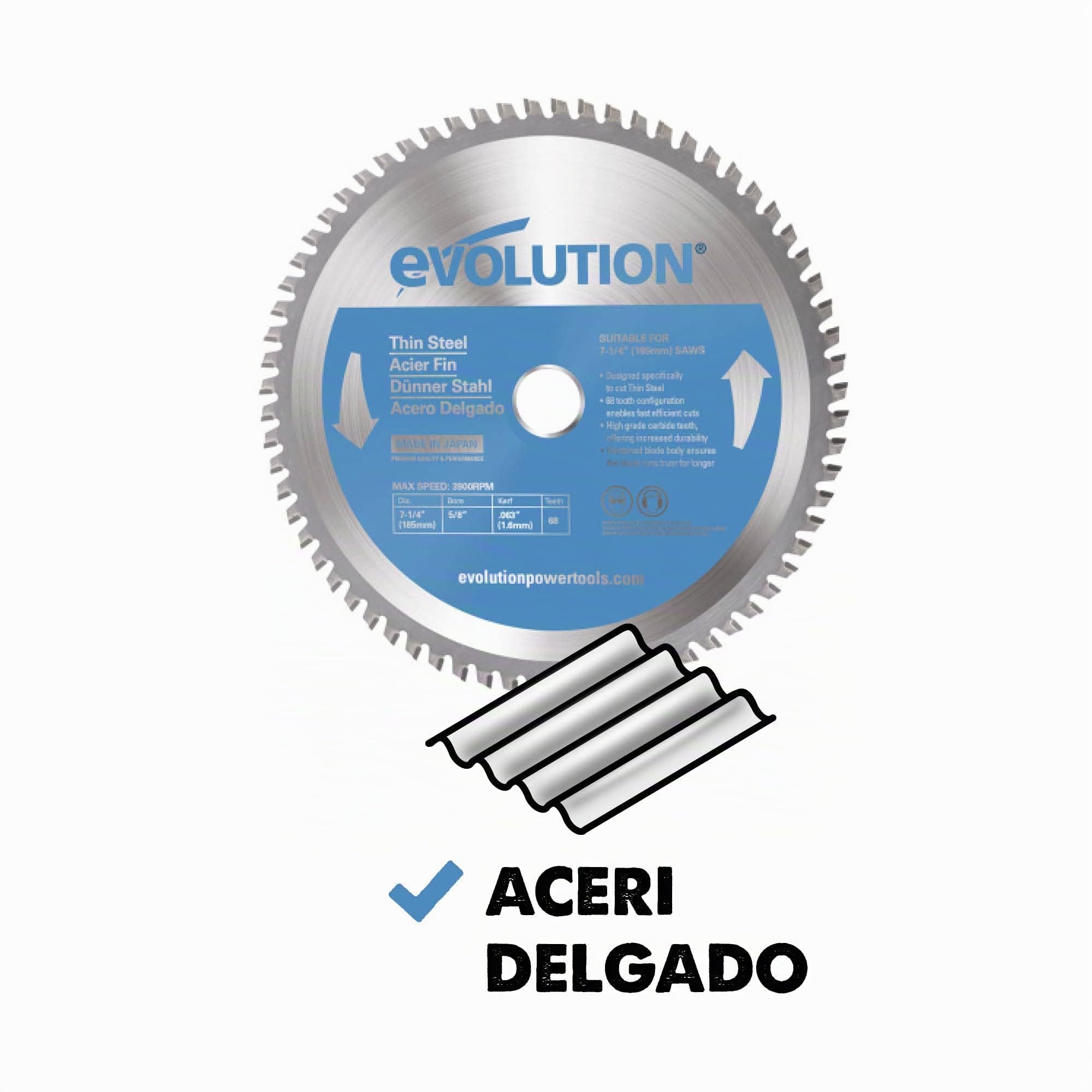 Evolution 185mm T185TCT-68CS Hoja de sierra para cortar acero delgado - Hoja de sierra de metal con punta de carburo de 68 dientes genera poco calor, rebabas o chispas