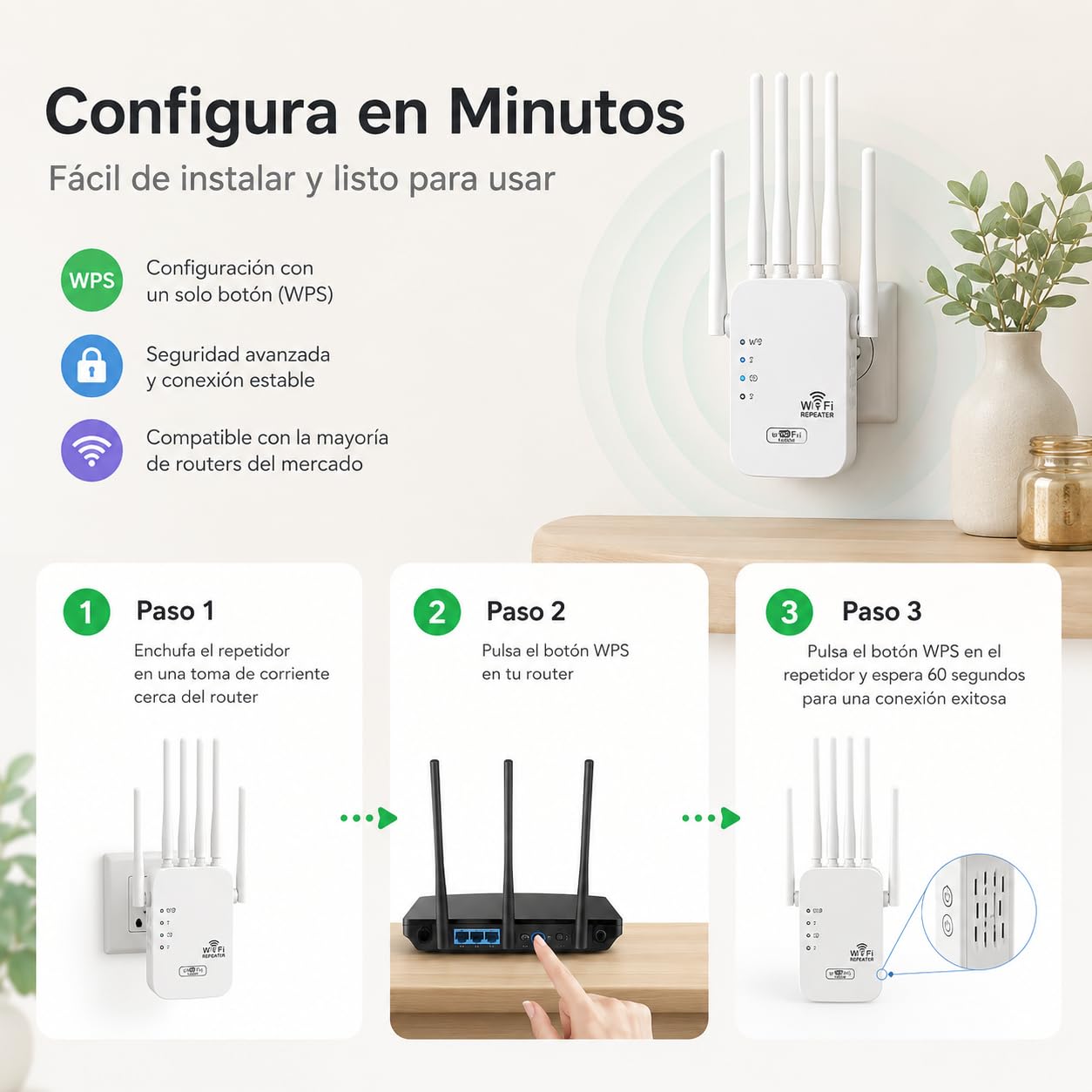 2026 Nuevo Repetidor WiFi 1200 Mbps, Amplificador de Señal WiFi de Largo Alcance 2,4 y 5 GHz con 6 Antenas, Extender up to 120 m2, Configuración Sencilla de WPS, para Hogar y Oficina Pequeña (1200M)