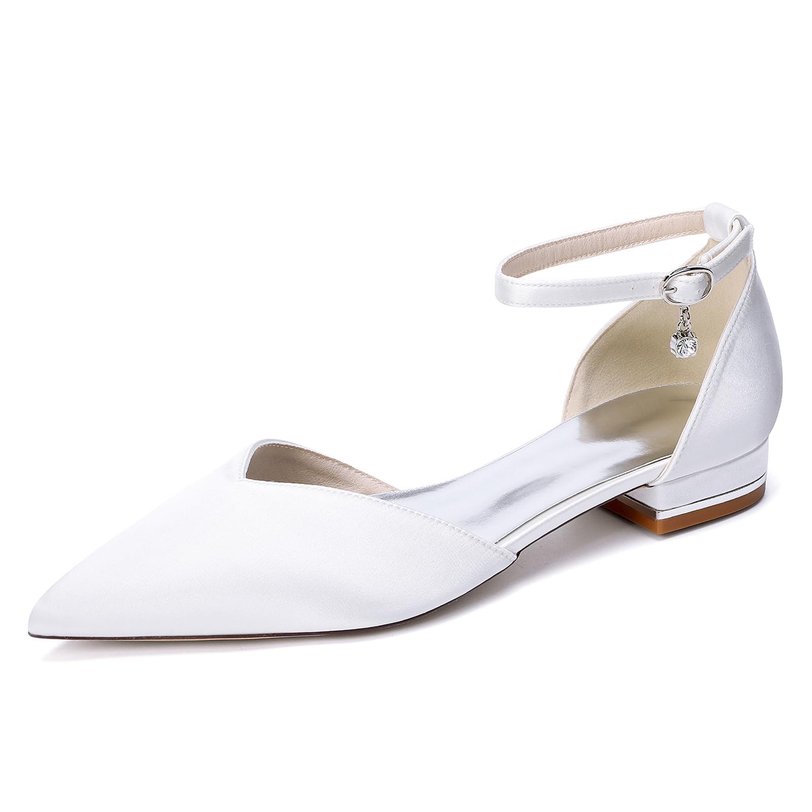 Scarpe da Sposa Basse in Raso Avorio per Donna, Scarpe a Punta con Cinturino alla Caviglia e Fibbia di Cristallo, Scarpe Comode Eleganti per Cerimonia e Serata
