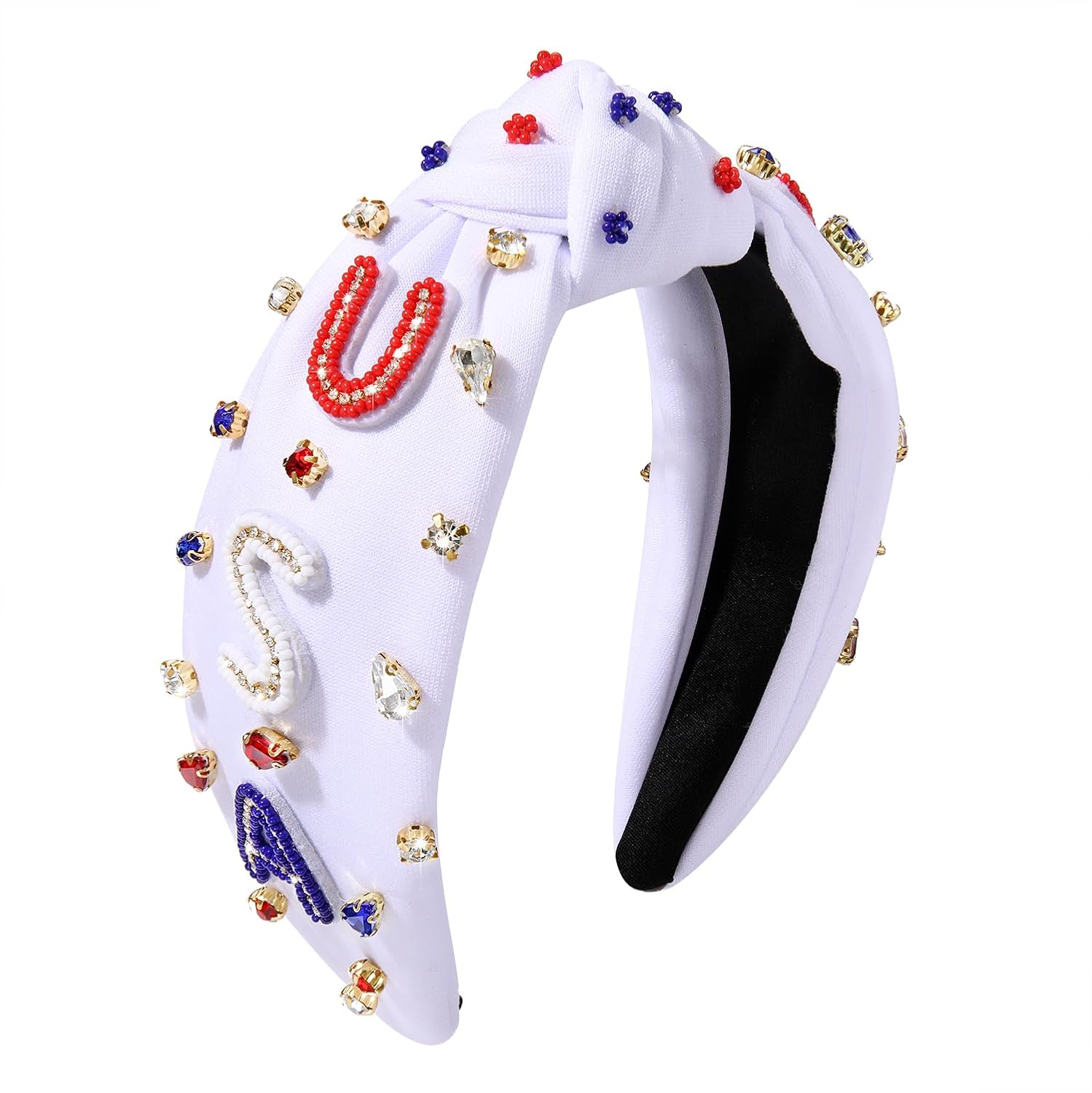 MOLOCH USA Headband 4th of July Red White Blue USA Stripe Knotted Headband for Women Rhinestone Crystal Patriotic Hairband Party Hair Accessory