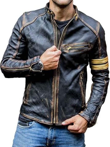 Chaqueta de piel negra envejecida para hombre, estilo Cafe Racer, estilo vintage, color negro