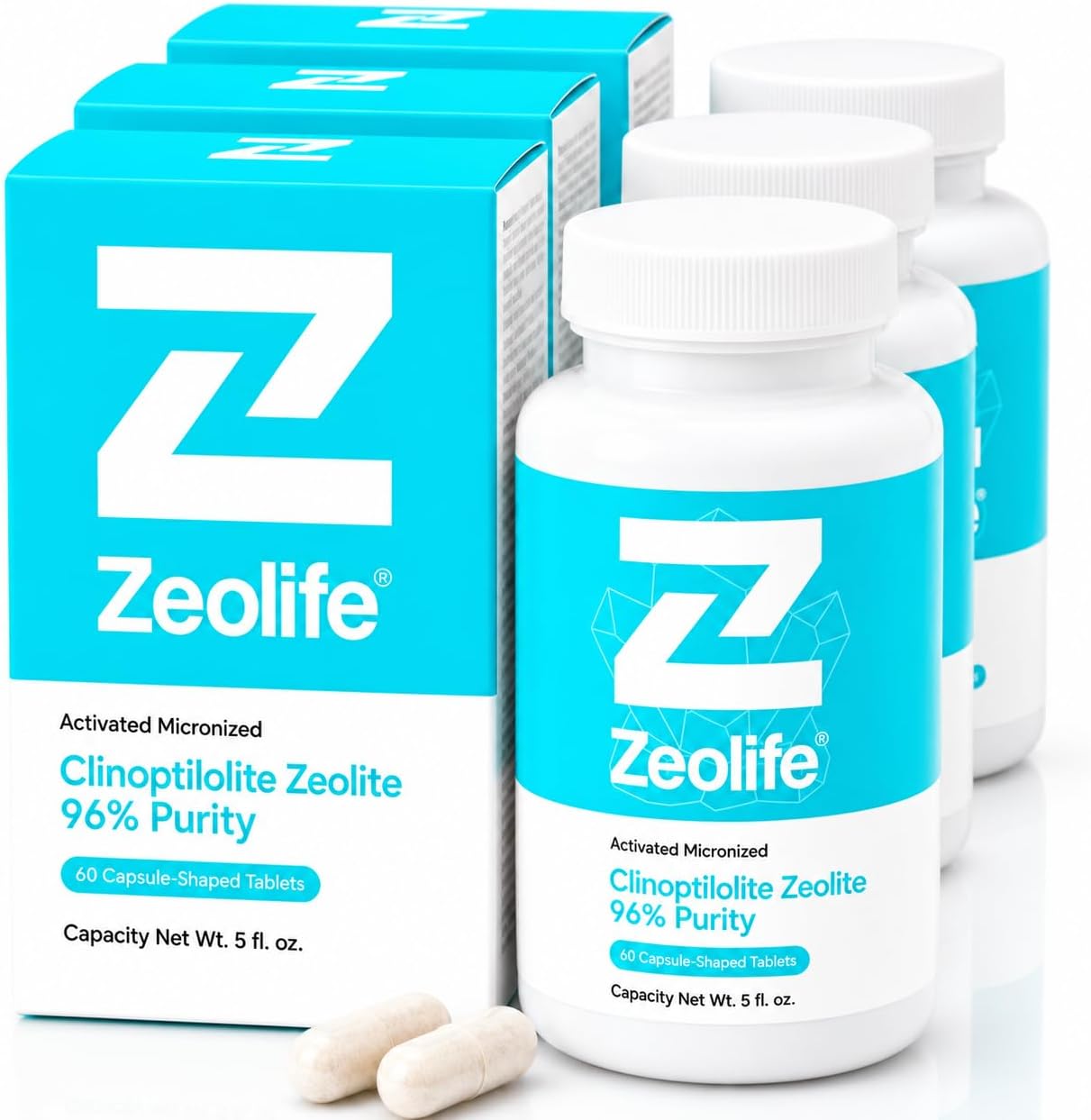 ZEOLIFE-Zeolite Micronized Activated 96% Purity Ultra Fine 3 Bottles with 60 Capsules