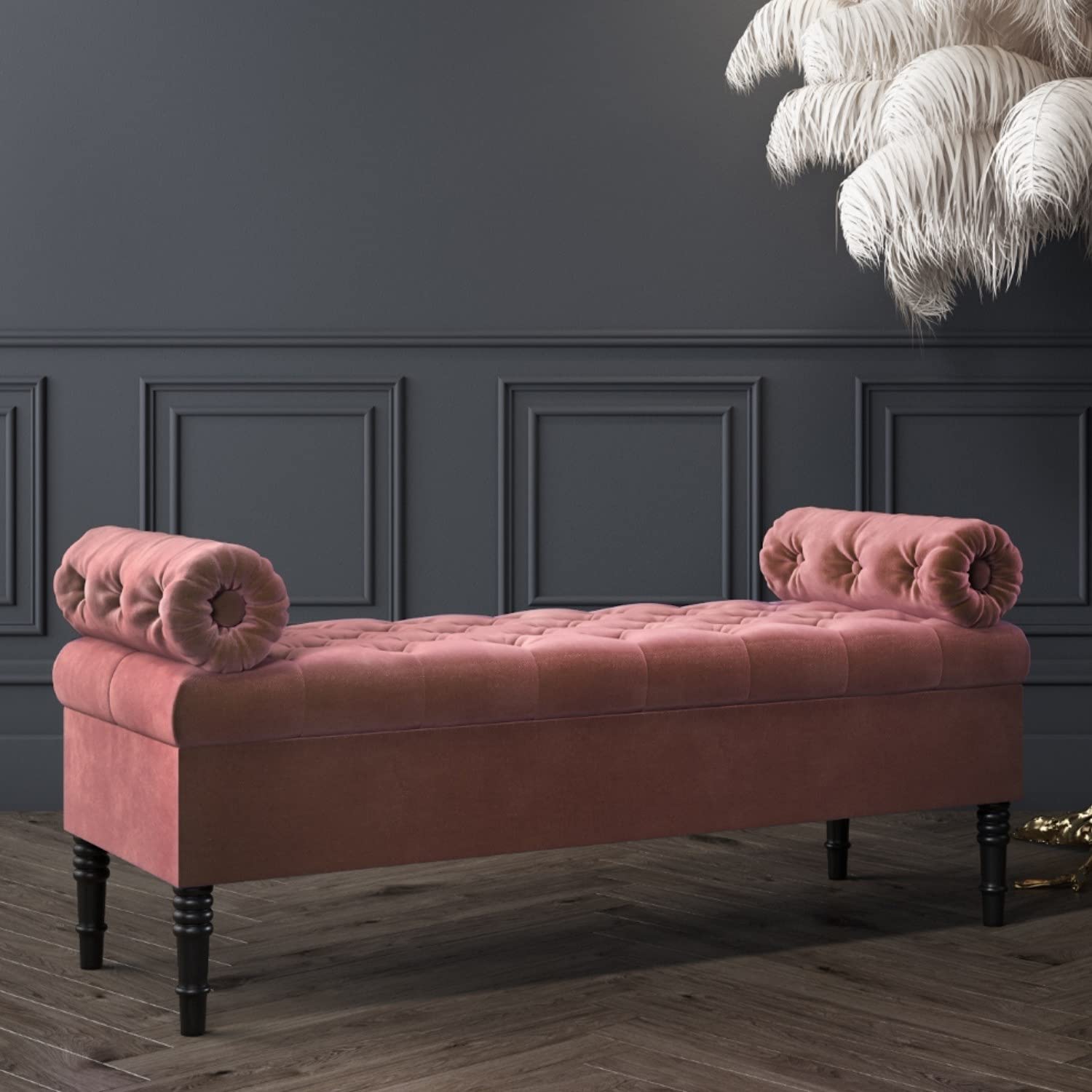 Bolster Velvet Tufted Storage Bench Ottoman Pouffe Footstool Sofa Couch Bed End Table Sofa Bench with Storage for Living Room Bedroom Office Settee. L50×D18×H16. Blush Pink-image-2