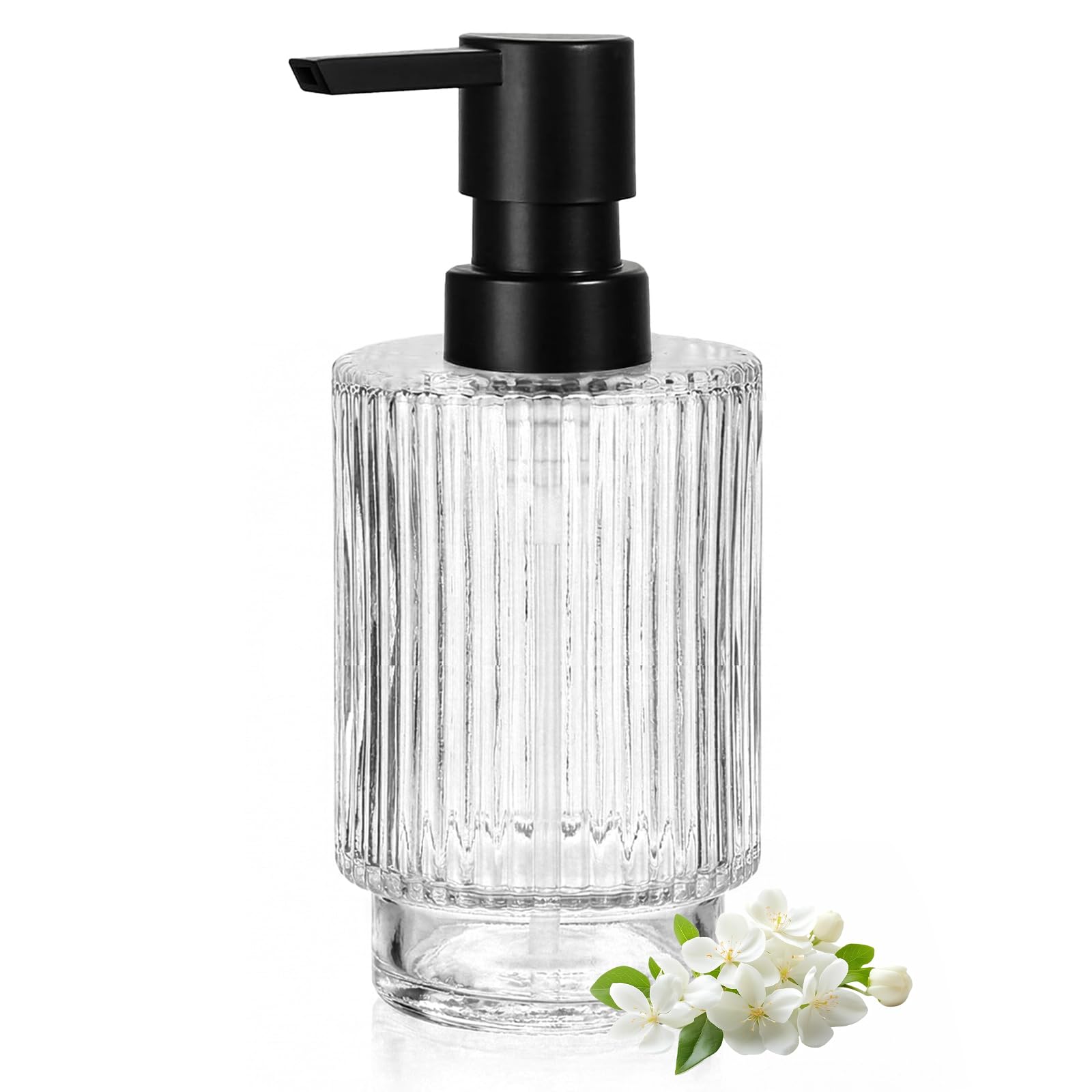 Glass Soap Dispenser Bottle - 11 Oz Liquid Hand Soap Dispenser with Pump Clear Refillable Liquid Hand Jar Dispenser Kitchen Ribbed Style Dish Soap Dispensers Glass Bottle for Bathroom Laundry Room