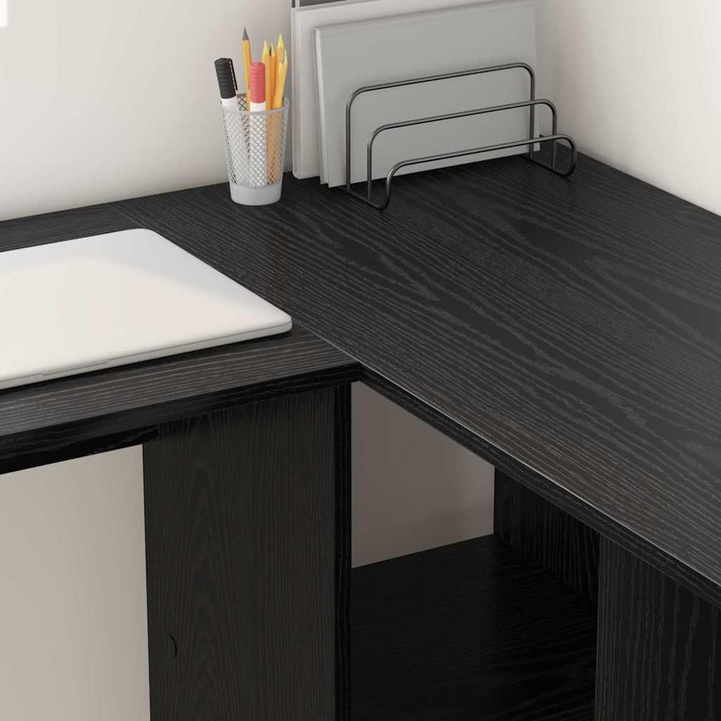 Scrivania con mensola nera, effetto rovere, in legno, 142 x 102 x 73 cm, moderna scrivania angolare per ufficio e studenti, con molto spazio e design robusto