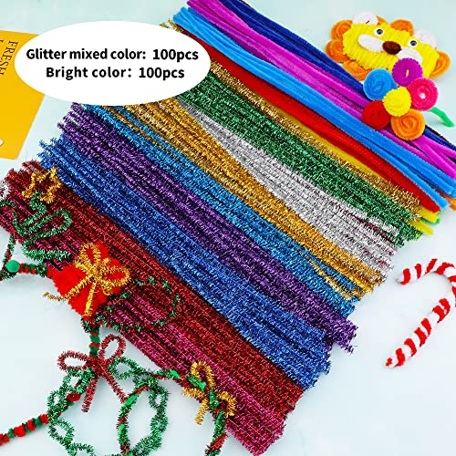 Image of Iuuidu 200PCS Pipe Cleaners Chenille Stem Mixed Glitter Color | 100Pcs Glitter +100Pcs Bright Color Craft Pipe Cleaners, Fuzzy Sticks Pipe Cleaners Bulk for Arts and Crafts Decoration