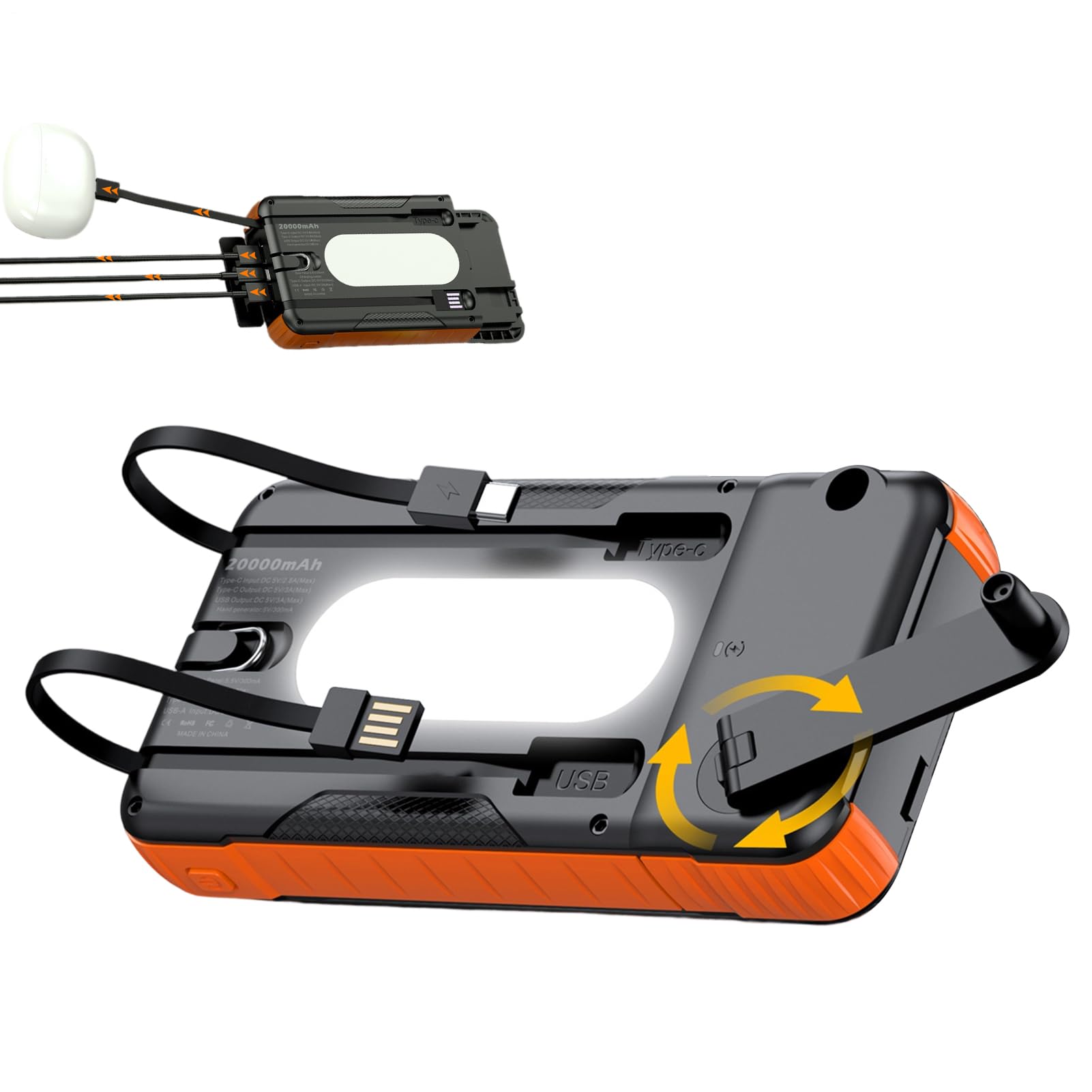 Power Bank Solare Power Bank Impermeabile 20000mAh | Power Bank con Manovella e Energia Solare Per Telefono Per Campeggio Escursionismo Viaggio Pesca Zaino In Spalla Smartphone
