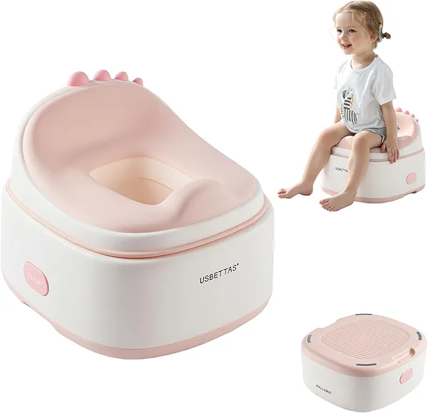 usbettas 3 in 1 Potty Training Toilet, Dinosaur Toddler Potty Training Seat for Boys Girls with Comfortable Cushion, Easy-to-Clean and Anti-Slip Potty Training Step Stool for Toilet (Pink)