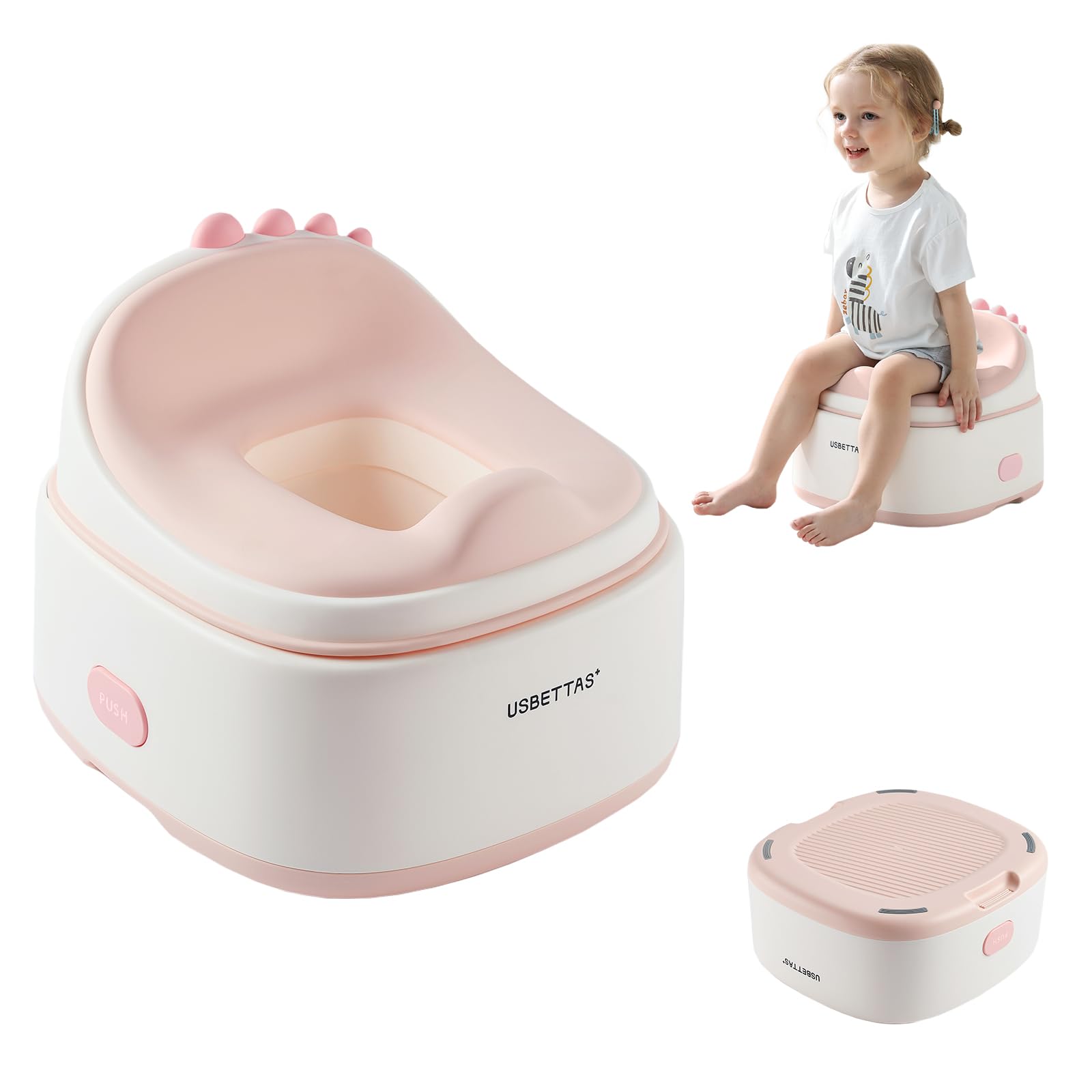 Usbettas - Inodoro 3 en 1 para entrenamiento de orinal, diseño de dinosaurio, para niños y niñas, con cómodo cojín, fácil de limpiar y antideslizante, color rosa