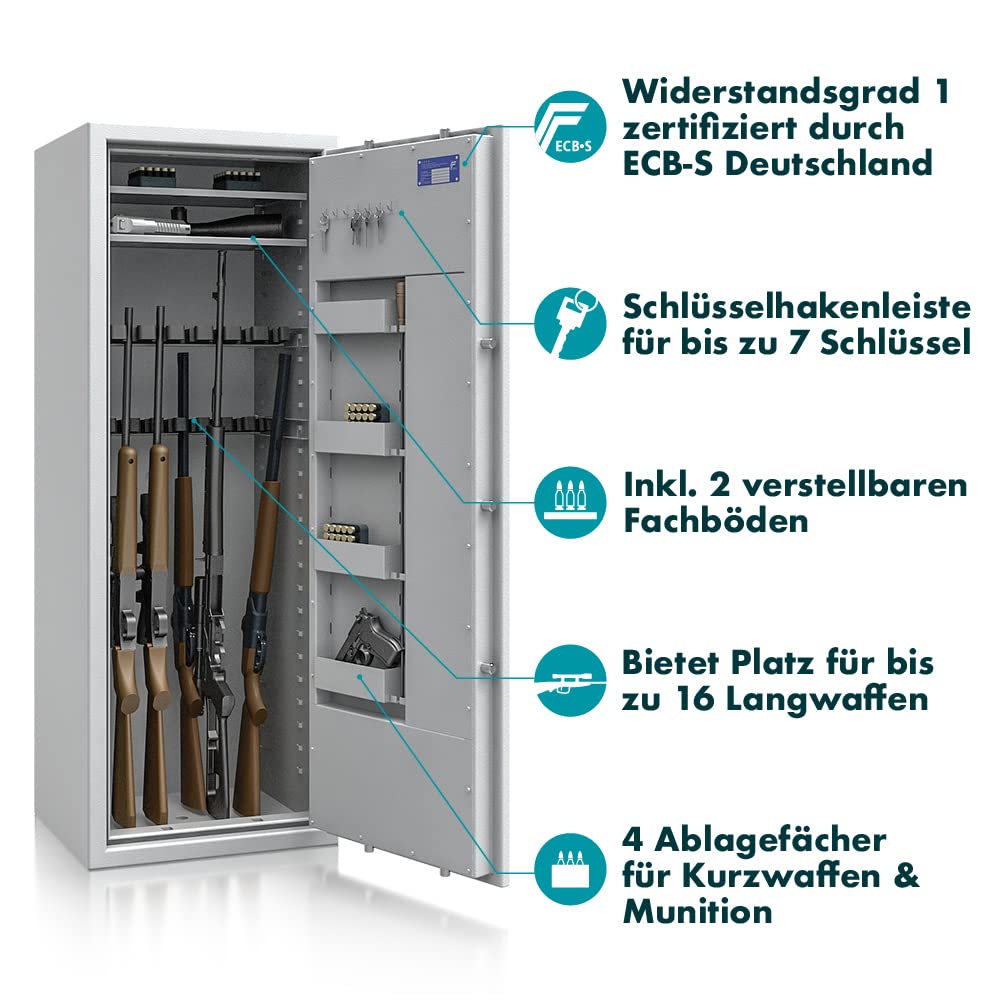 SafeHero Waffenschrank Klasse 1 EN 1143-1 Secureo Eagle 16 XL | Waffenschrank 1 für 16 Langwaffen | Langwaffenschrank mit Elektronikschloss | Konformer Waffenschrank Langwaffen, Kurzwaffen + Munition