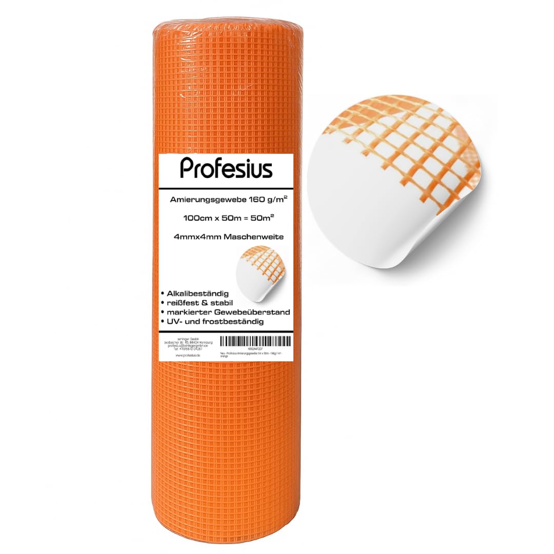 Armierungsgewebe 1m x 50m - 160g / m² - orange, Glasfaser Gewebe für Putz, Fassade & Wärmedämmung – reißfest & alkaliresistent