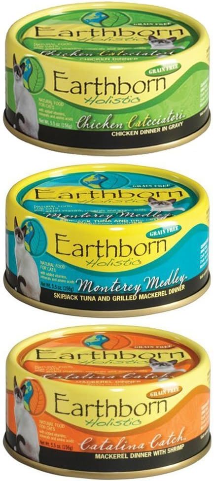 Earthborn Holistic Wet Cat Food Variety Pack - 3 Flavors (Catalina Catch, Chicken Catcciatori, and Monterey Medley) - 5.5 Ounces Each (12 Cans Total)