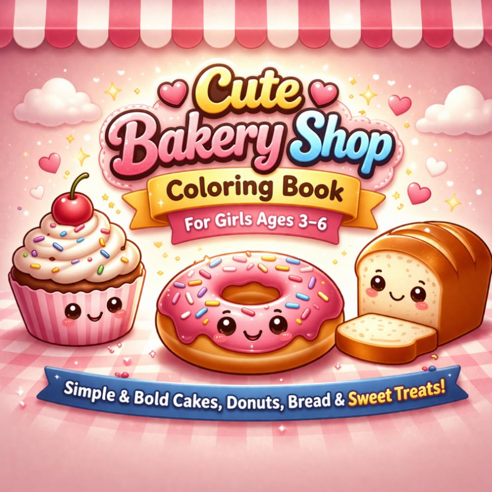 Cute Bakery Shop Coloring Book for Girls Ages 3–6: Cozy Comfy Corner Scenes Simple & Bold Cakes, Donuts, Bread & Sweet Treats
