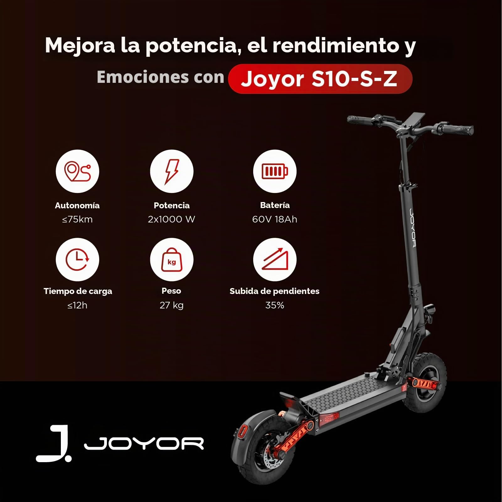 Patinete eléctrico Todoterreno Profesional para Adultos JOYOR Serie S Batería 48 V 13 Ah/60 V 18 Ah Motor 600 W/1000 W*2 Autonomía 50 KM/70 KM Luces de Giro