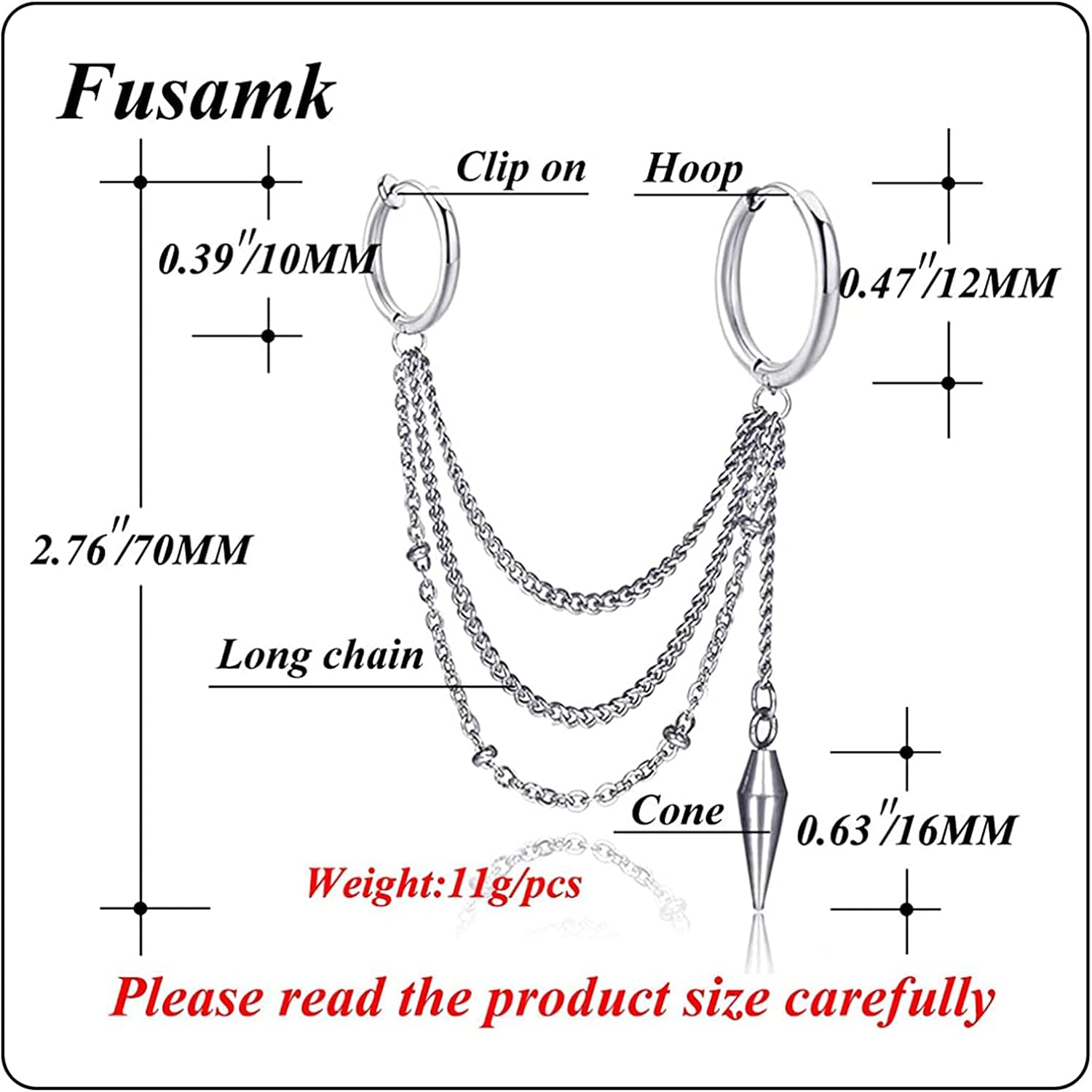 Hip Hop Stainless Steel Tube Circle Clip On Hoop Earrings Tassel Chain Dangle Earrings,2PCS - Image 2