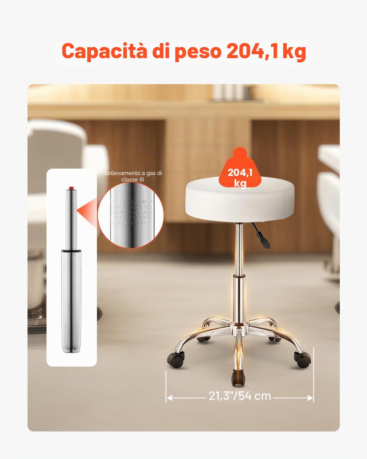 VEVOR Sgabello Girevole, Capacità di Peso 204 kg, Sgabello Girevole Rotondo in Pelle, Ispessita Regolabile in Altezza, Sgabello con Cuscino Spesso per Salone, Massaggi, Clinica, Bianco