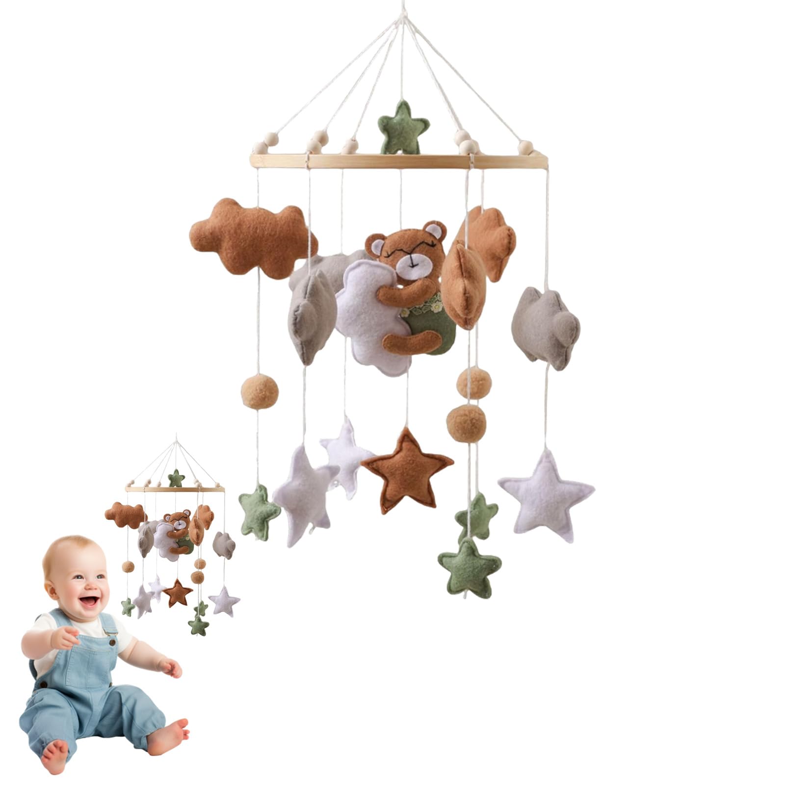 Bear Baby Crib Mobile, Soft Felt Hanging Mobile with Stars & Clouds, Natural Nursery Decor for Newborn 0-12 Months, Gender Neutral Cot Mobile (White)