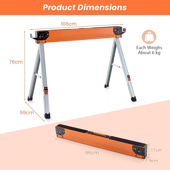 GiantexUK 2PCS Folding Sawhorses, 1000KG Heavy Duty Twin Pack Workbench