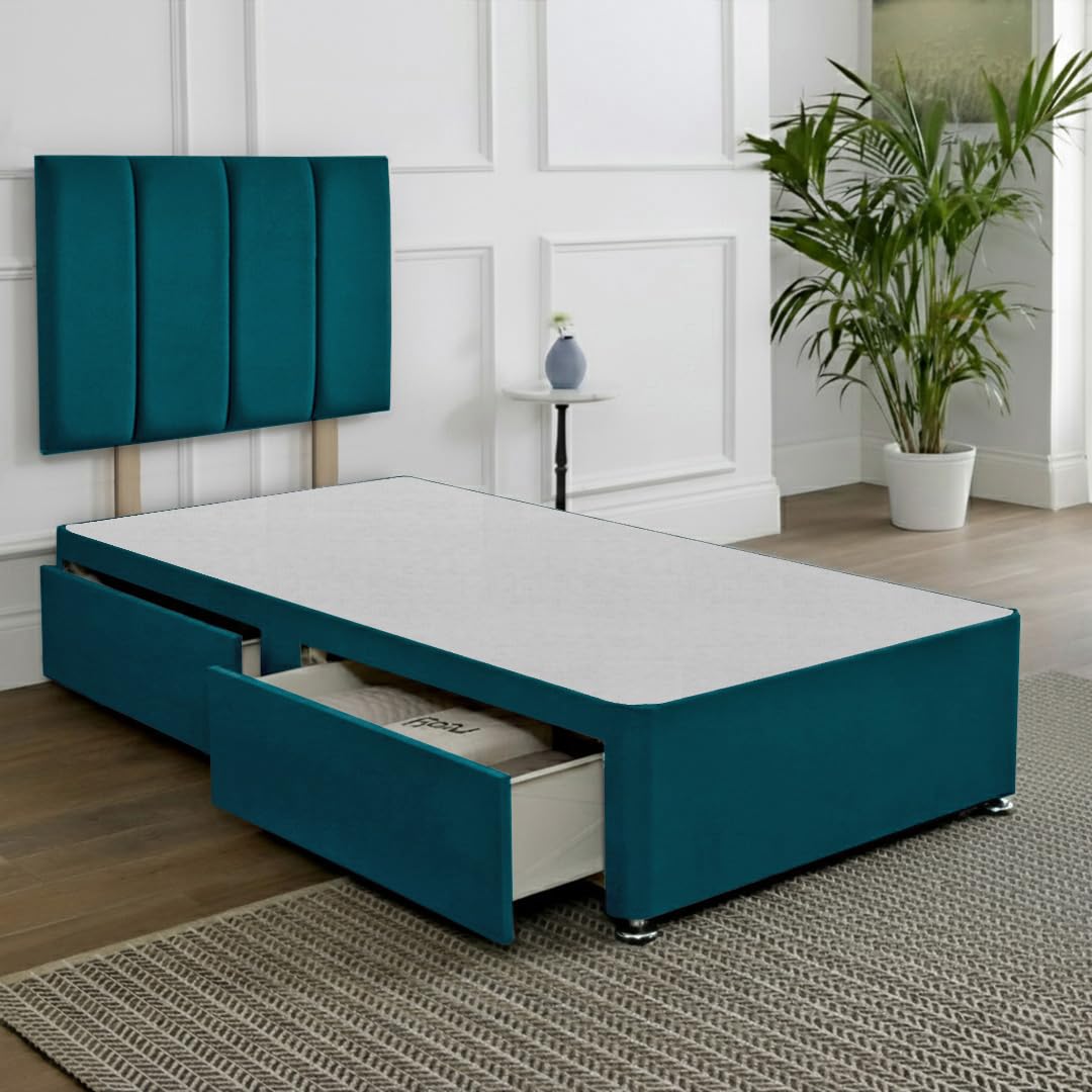 SANA SLEEP Single Divan Bed with Headboard & 2 Drawers โ Plush Jade Fabric, 3FT UK Made, Bedroom, Guest & Kidsโ Room, Space-saving, Luxury Comfort