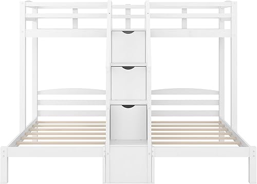 Miniatura 67 de Litera triple de madera maciza con cajones de almacenamiento y escalera, base de litera resistente con barandillas de protección para niños y