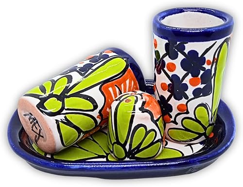Miniatura 6 de Talavera - Vasos de chupito de tequila con bandeja y salero (juego de 2) - Diseño de flores verdes - Juego de regalo auténtico mexicano pintado a