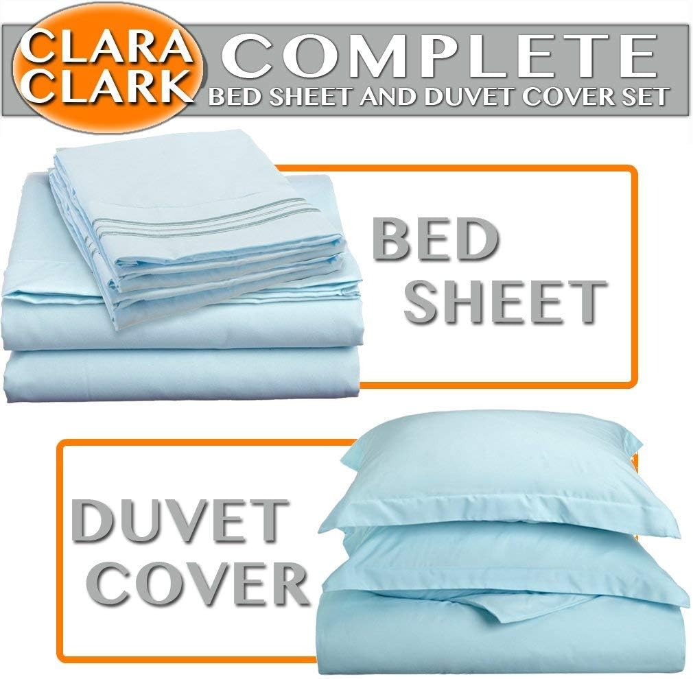 Clara Clark Complete 7 Piece Bed Sheet and Duvet Cover Set, Queen Size, Aqua Light Blue