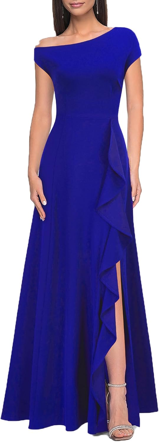 MUSHARE Women's One Shoulder Ruffle Formal Dress Sexy Split Party Long Cocktail Dress