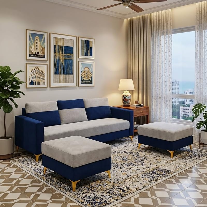 Image of Strikex Dual Tone Plush 5 Seater L Shape Sofa Set with 2 Movable Ottomans| Flexible Layout | Silken Velvet Suede| Golden Metal Legs|for Living Rooms & Office (Dark Blue & Light Grey)