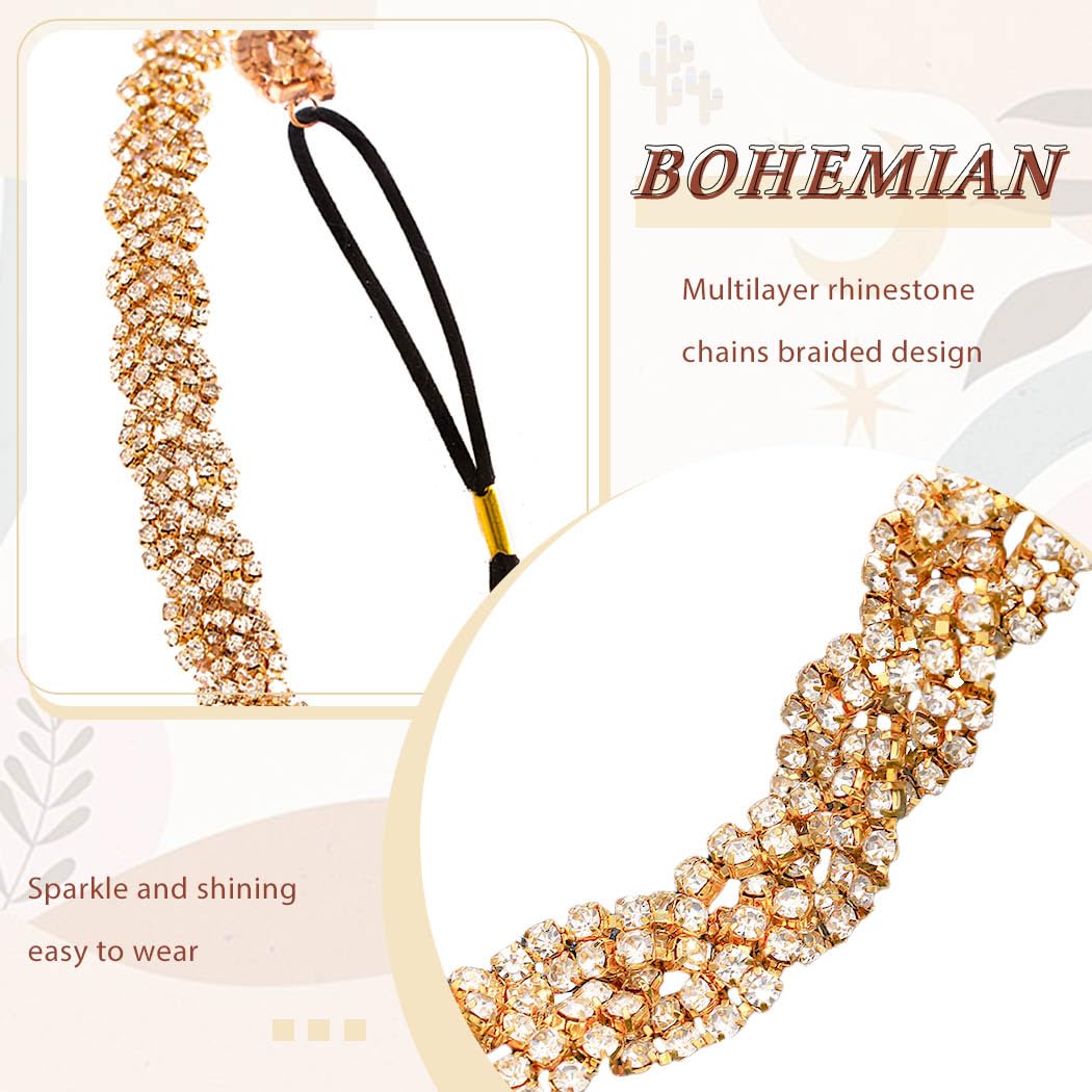 Women's Rhinestone Headbands Sparkly Elestic Hairband Vintage Metal Headbands Sparkly Elegant Party Daily Head Chain (Gold, M) - Image 3