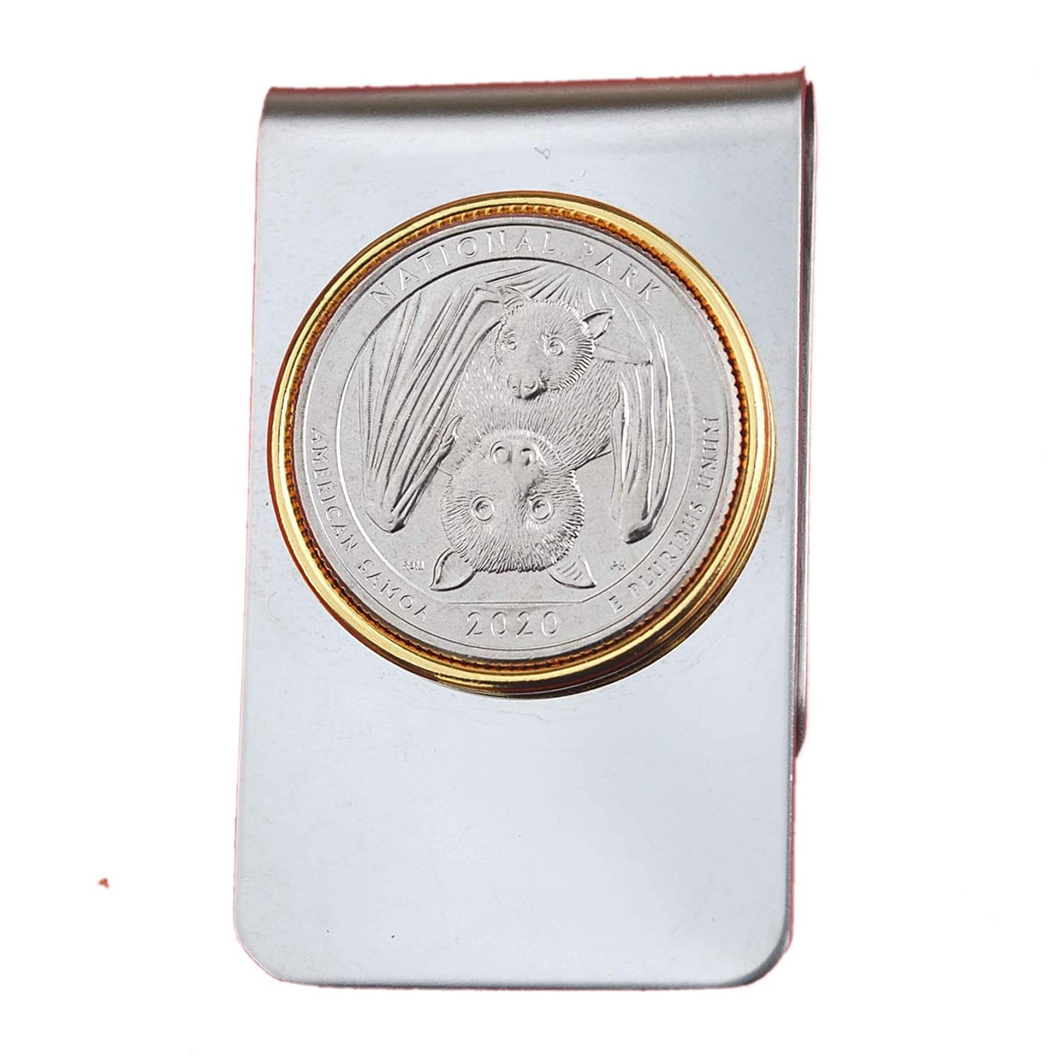 US 2020 the National Park of American Samoa Quarter BU Uncirculated Coin Two Toned Money Clip New - Samoan Fruit Bat Mother Hanging in a Tree with Her Pup